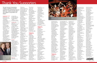 Thank You SupportersThank You Supporters
FALL 2011 98
Conservatory Society
Ovation Level
Mr. and Mrs. Kent T. Baum
Patricia and Edwin Berkowitz
Drs. Richard and
Nancy Bohannon
Didi and Dix Boring
Mr. and Mrs. William K. Bowes, Jr.
Carol and Lyman Casey
Mr. and Mrs. H. David Choo
Robert and Laura Cory
Mr. and Mrs. Dixon R. Doll
Jacqueline and
Christian P. Erdman
Mrs. A. Barlow Ferguson
Timothy and Virginia Foo
Estate of Muriel Talbot French
Tamara Fritz
Mr. and Mrs. Ernest Goggio
Fred M. Levin and
Nancy Livingston,
The Shenson Foundation
Jeannik Méquet Littlefield
Estate of Jack H. Lund
Miss Josephine Markovich
Estate of Beverly Merrill
Lisa and John Miller
Marilyn Mir
Estate of Mary Price Moffatt
Maura and Robert Morey
Deepika R. Pakianathan and
Phil Pemberton
Nancy and Larry Probst
Mr. and Mrs. Joshua M. Rafner
Mr. and Mrs. Matthew Raphaelson
Mr. Christopher R. Redlich
Gary A. Rust, M.D.
Ms. Regina Schaffer
Mr. and Mrs. George Smith
Mr. and Mrs. David T. Traitel
Ms. Barbara Walkowski
Mr. and Mrs. Michael R. V.
Whitman
Estate of Henry C. Williams
Mr. and Mrs. Robert H. Zerbst
Crescendo Level
Edward W. and Marshia A. Beck
Joseph K. Chan
Mrs. Ranieri di San Faustino
Ms. Lisa M. Erdberg and
Mr. Dennis Gibbons
Mr. and Mrs. Harris Elvebak
Bruce W. Hart
Mrs. Carla Martin Hashagen
Mr. and Mrs. George Hecksher
Mrs. Audrey P. Hogan
Jeri and Jeffrey Johnson
The Kingsley Family Foundation
Carole and Michael Marks
Melissa and Ritchie Post
Sarlo Foundation of the Jewish
Community Endowment Fund
Mrs. Eugene A. Shurtleff
Walt and Beth Simpson
The Sher-Right Fund
Mr. and Mrs. Calvin B. Tilden
Ms. Marilyn Anne Townsend
Mr. Hugh C. Trutton
Robert T. Weston
Lyric Level
Anonymous
The Paul F. Albert Fund of
Horizons Foundation
Mr. and Mrs. Joachim Bechtle
Patricia H. and John C.
Beckman Fund of The Oregon
Community Foundation
Louis de K. Belden
Mr. and Mrs.
Ryan Joseph Dickman
Patricia Swig Dinner
Delia Fleishhacker Ehrlich
Mr. Philip Eisenberg
Mrs. Harold B. Getz
Mr. James C. Hormel and
Mr. Michael P. Nguyen
Mr. Andrew P. Imbrie, Jr.
Mr. Stanley Kelly
Mr. Fred Levin and Ms.
Nancy Livingston
Aditi H. Mandpe, M.D.
Mr. and Mrs. Michael J. Savage
Marilyn G. Seiberling
Mr. Terrill Timberlake
Tempo Level
Anonymous (3)
Barbara and Marcus Aaron
John Adams and
Deborah O’Grady
Jonathan Arons and Claire Max
Mr. and Mrs. Richard M. Beleson
Mr. Andrew J. Bellotti
Mr. and Mrs. Robert L. Bilger
Donald and Katherine Black
John and Kathryn Blum
Mrs. Jane Bogart
Robert and Roberta Brickell
Ava Jean Brumbaum
Mr. and Mrs. James F. Buckley, Jr.
Mr. and Mrs. David M.
Chamberlain
Julia K. Cheng
Donovan K. Ching
Nancy Clark and Bill Broach
Mr. Paul Curtin and
Ms. Catharine Keena
Anne J. Davis
Chauncey & Emily DiLaura
Mary Lou Dorking
Sterling L. Dorman
Ms. Helen E. Faibish
Vicki and David Fleishhacker
Mr. Clark W. Fobes
Tom and Mary Foote
Ms. Linda E. Foreman
Ms. Alison F. Geballe
The Stephen and
Margaret Gill Family Foundation
Mrs. Beverly J. Goggio
Maudellen N. Greenhood
Lisa and John Grotts
Dr. David Bailey Harnden and
Dr. Susan Bailey-Harnden
Ada Hau
Ms. Adrienne Hirt and
Mr. Jeffrey Rodman
Darril Hudson
Dr. Elizabeth Hume and
Mr. Jay Jacobs
Mr. and Mrs. Stephen V. Imbler
Mrs. Barbara Imbrie
Mrs. Meri Jaye
Mr. Charles B. Johnson and
Dr. Ann Johnson
Mr. Warren A. Jones
Mr. and Mrs. Edward M. Karkar
Mr. and Mrs. Ronald Kaufman
Raymond and Elsie Kelly
William and
Gretchen Kimball Fund
Rachel E. Kish
Doris S. Lee
Mr. John Lee
Richard and Sharonjean Leeds
Jack and Alice Leibman
Angela C. Little
Mr. David N. Low and
Ms. Dominique Lahaussois
Michael and Mary Lubin
Ms. Jane R. Lurie
Jan Maakestad
Machiah Foundation of the Jewish
Community Endowment Fund
Richard A. Marciano and
Teresa Middleton
David and Cathy Marsten
Helen McKenna and Allan Ridley
Mr. and Mrs. A. Doug McLean
Laura Kimble McLellan
Teresa and Mark Medearis
D G Mitchell
Mr. Owen M. Miyoshi
William and Ursula Moffett
Milton J. Mosk and
Thomas Foutch
Mrs. Mary T. Negi
Barbara Newton
Michael N. Norem
Mrs. Helen O’Hanlon
Mrs. Lise Deschamps Ostwald
Helen and Blair Pascoe
Mr. Peter Pastreich and
Ms. Jamie Whittington
Virginia Patterson
Mr. and Mrs.
Daniel Pendergast, III
Marianne Peterson
Mr. Eric B. Peterson
Damon Raike
Douglas and Mary Robinson
Ms. Margaret S. Rocchia
Mr. and Mrs.
William Russell-Shapiro
Bob and Terri Ryan
John M. Sanger
Mr. Jack E. Schuss
Mr. and Mrs. Edwin A. Seipp, Jr.
Mrs. Josephine Shuman
Mr. and Mrs. Jan E. G. Smit
Pamela, Eric and Brandon Tang
Mr. and Mrs. Paul Teicholz
Mrs. Lamar Tooze, Jr.
Thomas Tragardh and
David Cortez
Robert and Joyce Tufts
Mrs. Alfred S. Wilsey
Ms. Faye Wilson
Mr. and Mrs. Robert L. Witt
Dr. and Mrs. John A. Zderic
Friends of the
Conservatory
$500-$999
Anonymous (4)
Mr. Randy Adams
Dr. Maria D. Allo and
Mr. W.D. Andrews
Mrs. Edgar E. Baker
Richard and Denise Bergmann
Dr. Phyllis B. Blair
Michael J. Bozzini
Eleanor Canova-Davis
Mr. William J. Carlin
Philip J. Cazahous
Laurie Cohen Fund
Bruce Colman
Blanca Haendler and Robert Cook
Paul C. Deckenbach and
Herbert L. Jeong
Carol Eisenberg and
Raymond Linkerman
Mr. Burton M. Greenberg and
Mr. James Clavin
Mr. Maurice W. Gregg
Mr. James A. Heagy
Richard M. Kaplan and Susan L.
Kaplan Philanthropic Fund
Carl P. Kaufman and
Martha Angove
Mr. Russell Kirk
Ms. Nancy Kling
Mr. Kwok Kuen Koo
Mr. and Mrs. John Kryzanowski
Frank and Linda Kurtz
Kathryn Lawhun and
Mark Shinbrot
J. Stoner Lichty, Jr.
Mr. Simon Z. Lipskar
Mr. and Mrs. J. Alec Merriam
Russell H. Miller, Jr.
Ms. Gloria Miner
Dr. Markus U. Mock and Ms.
Patricia Matienzo
John H. Moore and
Arnold McGilbray, Jr.
Willa and Ned Mundell
Ms. Doerte Murray
Nancy B. Ranney
Ms. Jennifer Redmond and
Mr. Daniel Dougherty
Julie and Christopher Ridley
Chet Roaman
Kay and Ray Roberts
Marion L. Scholten
Mr. and Mrs. John Schram
Bill Sevald
Jim Sisley
Daniel F. Sullivan
Mr. Alan S. Taylor
Maestro Michael Tilson Thomas
and Mr. Joshua Robison
Mr. Terrill Timberlake
Joanne and Alan Vidinsky
Robert and Martha Warnock
Drs. Steven and Emma White
Ms. Ling Zheng
Mr. and Mrs. Howard Zumsteg, Jr.
Friends of the
Conservatory
$250-$499
Anonymous (9)
Joanne and Clark Ahn
Mr. Howard I. Atkins
Ms. Betty Barber
Mr. John Barry and Ms. May Pon
Raymond E. Bashista
Mr. and Mrs. Gary Bea
David N. Bentley
Mr. and Mrs. Fred Bialek
Kathy and Paul Bissinger
Drs. Seymour and
Sylvia Boorstein
Virginia L. Brown
CDM Foundation
Dr. and Mrs. John N. Callander
Center for Learning in Retirement
Richard and Collen Chafian
Mr. Daniel M. Champeau
Mr. and Mrs. Hong Chan
Anne E. Cohen, The Machiah
Foundation
Martin and Kathleen Cohn
Ms. I’lana Sandra Cotton
Mr. Hugh J. Coughlin
Ted & LaVaughn Craig
Mr. and Mrs. Gary Crawford
Mr. Copley E. Crosby
Dauber Family Foundation,
an advised fund of the Silicon
Valley Community Foundation
Ms. Claire de Chazal
Dan Eisenstein
Jan Elvee
Roland Feller Violin Makers
Mr. Norman Fritz and
Ms. Fran Mueller
George Gemignani
Guy and Lia Haskin Fernald
Ms. Kirsten Havrehed
Bill Heap
Richard L. Heidelberg
Tucker and Charmly Ingham
Carol R. Johnson
Mr. and Mrs. William R. Kales, II
Ed and Peggy Kavounas
Victoria Kirby
David & Janice Lawrence
Mr. and Mrs. Robert E. Lee
Regina Lee and Ryan Meyer
Ms. Nancy E. Lem
Mr. and Mrs. Brian Lewis
John and Bernice Lindstrom
Mr. and Mrs. Stephen J. Lowens
Mr. and Mrs. William Madison
Leila and Alan Marcus
Mr. Dennis Marino
Joanna McClure
Mrs. Martha E. McDaniel
Ms. Barbara McHugh and
Mr. Mark Olbert
Marilyn McMillan
Ms. Barbara J. Meislin
In honor of John and
AnnaMarie McCarthy
Mr. Burton Miller and
Mrs. Linda Reynolds Miller
Mr. Edward P. Miner
Dalia and Lance Nagel
Donald E. Nelson
Shanna O’Hare
Marie Luise Otto
Ms. Nancy J. Padgett
Anna and Frank Pope
Ms. Laurie Poston and
Mr. Brian Ferrall
Susan and Garry Preneta
William M. and Joan O. Roth
Tim Savinar and
Patricia Unterman
Miss Katherine Schmidt
Mr. and Mrs. Walter Slater
Tracy & Charles Stephenson
Beryl Jean Symmes
Dr. Thomas L. Tarnowski
Mr. Richard D. Tilles
Martha Doerr Toppin
Dr. Lola Lee Van Compernolle
Mrs. Stephen Varnhagen
Mr. Edward F. Walsh, Jr.
Charles Wegerle
Linda and George Wertheim
W. Charles Whitcomb
Friends of the
Conservatory
$100-$249
Anonymous (23)
Ms. Alice Abbott
Elaine Adamson and Ed Gould
Joseph Akzam
Dr. and Mrs. Bruce Alberts
Dr. and Mrs. Harvey Allen
Robert Allgeyer
Drs. Paul and Geraldine Alpert
Norm and Della Alvares
David and Judith Preves Anderson
Ms. Marian M. Anderson
Martin and Ardath Andrews
Tom Andrews & Lillian Etchevery
Mary Ann Aronson and
Samuel Aronson
Noreen Axelson and
Donald Archer
Cedric and Dorothy Bainton
Dr. and Mrs. Joseph C. Barbaccia
Dr. Michael Barlowe and
Rev. Paul Burrows
Patricia Bassett
Mr. Frank S. Bayley
Dr. John J. Beeston
Dr. and Mrs. Avi Ben-Ora
Mr. Robert Bernardini
Joanne W. Blokker
Mr. Noel T. Blos
Ms. Jean Bogiages
Mr. William D. Bombria
Lorraine M. Bosché
Ms. Sheila Bost
Judith Reed
Drs. Odelia and Eric Braun Test
Mr. Robert V. Brody and
Ms. Andrea Jacoby
Mr. Barry C. Brooker
Mr. Phillip K. Brown
Mr. and Mrs. Alan R. Brudos
Mr. Robert Bruner
Dr. William M. Burke
Mr. Franklin Burney
J Spilman-Burns
Jerry Cahill and Kathy King
Dr. Mary E. Cantrell
Mr. Lynn Carman
Mrs. Mary K. Cervantes
William and Sandra Chang
Mr. Joseph D. Charpentier
Jean Chew
Mrs. Janet Chiang
Jeff Gao and Ling Chao
Ms. Barbara Christman
Ms. Maureen Clarke
Janet and Lloyd Cluff
Ms. Priscilla Cortez
Vince Corvo
Mr. and Mrs. Hartley Cravens
Ms. Barbara M. Daley
Mr. Bill Dameron
Mr. Steven D’Amico
Martin and Muriel Dash
Mr. & Mrs. Gary David
John G. Day
Mrs. Eleanor de Limur
Virginia W. Debs
David and Lee Devine
Robert and Madeline Drake
Mr. Robert J. Eakin and
Mr. Alvis E. Hendley
Linda Eby
Mr. Alan M. Eisner
Walter R. Ems
Mr. J. Edwin Eng
Lisa and Chris Ennis
Robert and Jenni Enslow
Ms. Julia Erickson
R. Elizabeth Erickson
Reverend Richard G. Fabian
Abu Farukh and G. Durana
Mr. and Mrs. Leland Faust
Ms. Robin Fierston
Emily Huggins Fine
Helen Finnegan
Ms. Marcia Flannery
John Fowler
R.T. Freebairn-Smith
Mr. Marc D. Freed
S. Robert Freedman
Ms. Kathi Freeman
Martin D. Fried and
Linda D. Hom
Mr. and Mrs.
Lawrence M. Friedman
Anil Gangolli
Ms. Ann Gazenbeek
Mr. Daniel Gelbaum
Martin Gellen
Mr. Roger Gies
Tong Lai Ginn and
Elizabeth Newton
Sheila and John Girton
Marcia and David Glassel
William G. Goodwin
Bill and Barbara Goza
Dr. John Graham
Ms. Doris W. Grau
Mr. and Mrs. Robert C. Greene
Edna Grenlie
Peggy & Zach Griffin
Arnold A. Grossman
Mr. George S. Grossman
Mr. Richard Haigh
Joseph C. Haletky
David Hammer
Mr. and Mrs. Gary Harmon
Dr. and Mrs. Ron Harrison
Ms. Jacqueline E. Haveman and
Mr. Nathan Dwiri
Mr. and Mrs. Raymond A. Heald
Kathleen Healy
The San Francisco Conservatory
of Music is grateful to its many
supporters for contributions received
from July 1, 2010 to June 30, 2011.
Your support is truly where it all
begins!
Dr. and Mrs. John S. Hege
Peggy and Ralph Heineman
Mr. Richard G. Henderson
Abe Henselyn
Mr. Mark Hernandez
Mr. and Mrs. Melvyn L. Hetzel
Yue-shun E. Ho
Hilary Honore
Marcia J. Hooper
Mr. John R. Houghton
Dr. Hing On Hsu
Dean and Amy Huang
John Hudson
Edward and Patricia Hymson
James and Cely Hynson
Stan and Helen Ishida Abramson
Mr. and Mrs. Ben Ishisaki
Coastal Classic Creations
Dr. Laurence Jacobs
Ms. Mary Jameson and
Mr. Jeffrey Goodrich
Ms. Norma L. Jayne
Mr. A. Roger Jeanson and
Ms. Jean Mileff
Josh Jensen
Dr. and Mrs. Robert L. Johnson
Mr. Paul S. Jones
Mr. Mark Jordan and
Mr. S. Kendell Patton
Ms. Ann Jorgensen
Mr. and Mrs. Warren J. Kaplan
Ms. Ruth R. Karlen
Mr. and Mrs. Ronald Karpowicz
Jim and Barbara Kautz
Mr. Charlie Keagle
Nellie Keate
Mr. and Mrs. E. Paul Kelly
Ms. Jean P. Kempf
Mr. and Mrs. Roger Ketcham
Sara Keyak
Nelda Kilguss
Mr. and Mrs. David S. Kim
Robert S. Klein
Adela Sarbo Knight
Walter & Murni Knoepfel
Ms. Alice N. Ko
Ms. Constance Kobayashi
Ms. Flora C. Komes
Mr. and Mrs. Morris Krantz
Mrs. Midge Kretchmer
Henry and Jenny Kwong
Vinh M.G. Lam
Mr. Thomas A. Larsen
Mr. Almon E. Larsh, Jr.
Robert and Sue Larson
Eugene and Gwen Lavin
Mr. George A. Lazar
Dr. and Mrs. Samuel R. Leavitt, M.D.
Ms. Tszming Lee
Mr. and Mrs. Paul Lee
Mr. John Leitner
Dieter C. Lenz
Dr. Richard Leonards
Marcia Lowell Leonhardt
Dr. and Mrs. Michael H. Levin
Mrs. Evelyn Levin
Amy and Joel Levine
Dr. James Levine
Mr. and Mrs. Gerald Levine
Mr. Gordon Lew
Ms. Lolly Lewis
Ms. Frederica Lewis
Ms. Beverly A. Liberale
Bonnie Lindahl
Ms. Marianne Lockwood and
Mr. David Bury
Mr. John T. Lopez
Sylvia and Paul Lorton, Jr.
Dr. & Mrs. G. Karl Ludwig, Jr.
Leon and Helen Luey
Ms. Diana M. Lum
Jenny and Charles Ma
Mrs. Cynthia V. MacKay
Terry M. Magnin
Ms. Alix Marduel and
Mr. William Thomas Lockard
Timothy & Margaret Martin
Ms. Connie Martinez
Norman Masonson
Ms. S. B. Master
S. Matsuo and V. Ma
Rosemary and John Maulbetsch
Ms. Denise Mauldin
Ms. Gayle Mazursky
Mr. and Mrs. Brad McCullough
Mr. Zaven Melikian
Mr. R.B. Mendelson
Mr. Stepen Merlo
Mr. and Mrs. M. Meyyappan
Peter and Caryl Mezey
Miles Family Fund
Judith and Walter Miller
Mr. Harry Mitchell
Mr. and Mrs. Toshihiro Miyagawa
Arthur Morris & Fr. Michael Hiller
Ms. Lynn E. Mostoller
Carol Mowbray
Dr. Carol Mukhopadhyay
Mr. and Mrs. George Muller
Catherine H. Munson
Fred Muribus
Mr. Randall S. Murley
Patty and Jim Murray
Jeffrey A. Nahigian
Ms. Marilyn Nichols
Mary Nilan
Nariaki and Tsuneko Nitta
Nora Norden
Robert and Nancy Novak
Norman and Hillevi Null
Mr. and Mrs.
Walter H. Obermeyer
Mr. James E. O’Donnell
Gregory B. Ogden
Ms. Katherine Ogg
Craig Olzenak
Ms. Doris Osenda
Ms. Mitzi S. Palmer
Mrs. Shirley Paradiso
Harold A. Parker, Esq.
Louise M. Pescetta
Frances Wong Peters
In Honor of Lord Ganesha
Mack and Jeanne Player
Donald L. Plondke
Robert and Marcia Popper
Dr. Fannie J. Preston and
Mr. Johnny Preston
Richard and Ellen Price
Mr. and Mrs. Timothy P. Purcell
Jennifer F. Raike
Mrs. Wei En Raymond
Mr. and Mrs. Steven Reading
Mr. Timothy Reilley
Mr. Arthur J. Remedios
Mrs. Laurose Richter
Robert Ripps & Steven Spector
Jose Rivera-Lluberas
Dr. and Mrs. Bill Robbins
2011 Fanfare Luncheon
honoree Krista Bennion
Feeney with Colin
Murdoch
Bonnie Hampton convenes a cello congress for the Chamber Music
25th Anniversary Celebration Concert
 