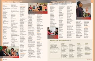 Collegiate Faculty
FALL 2011 1514
&
PreparatoryDivision
AdultExtensionFacultyMarcie Stapp Diction
César Ulloa
ACADEMIC FACULTY
Alexander Technique
Robert Britton
General Education
Erin DeBakcsy
Nikolaus Hohmann
Matthew Kennedy
Betsy Marvit
Brian Neilson Chair
Eithne Pardini
Carol Pragides
Matthew Siegel
Library
Kevin McLaughlin
Music History and Literature
Timothy Bach Vocal and
Keyboard Literature
Mason Bates
Dan Becker
Sarah Cahill Piano Literature
Luciano Chessa
Thomas Conroy
David Conte
Mary Fettig
David Garner
Susan Harvey
Paul Hersh
Corey Jamason
Bruce Lamott
Emily Laurance
Kevin McLaughlin
Rebecca Plack
Richard Savino Guitar
Literature
John Spitzer Chair
Conrad Susa
David Tanenbaum Guitar
Literature
Music Theory and
Musicianship
Thomas Conroy
Jacques Desjardins
Scott Foglesong Chair
David Garner
Alla Gladysheva
Sonja Neblett
Michael Schroeder
Conrad Susa
Practical Aspects of a Career
in Music
Clifford Cranna
Mario Guarneri
Sound Recording
Jason O’Connell
Teaching Skills
Kayleen Asbo
Andrew Luchansky String
Pedagogy
Yoriko Richman
ENSEMBLE FACULTY
Brass and Woodwind
Chamber Music
Jeffrey Anderson
Miles Anderson
Luis Baez
Gregory Barber Woodwind
Coordinator
David Burkhart
Timothy Day
Steven Dibner
John Engelkes
Mario Guarneri Brass
Coordinator
Mark Lawrence
James Moore
Stephen Paulson
Jonathan Ring
Bruce Roberts
Richard Roper
Peter Wahrhaftig
Robert Ward
Paul Welcomer
Conservatory Baroque
Corey Jamason Co-Director
Elisabeth Reed Co-Director
Conservatory Chamber Choir
Ragnar Bohlin Director
Conservatory Chorus
David Conte Director
Conservatory Orchestra
Andrew Mogrelia Music
Director
Alasdair Neale Principal Guest
Conductor
Guitar Ensemble
Sérgio Assad
Lawrence Ferrara
David Tanenbaum
Marc Teicholz
Musical Theater Workshop
Heather Mathews Director
Michael Mohammed
Choreographer
Bryan Nies Music Director
New Music Ensemble
Nicole Paiement Artistic
Director
Jacques Desjardins Assistant
Conductor
Opera Program
Milissa Carey Acting
Darryl Cooper Acting Music
Director
Richard Harrell Director,
Opera Program
Brian Herndon Acting
Heather Mathews Assistant
Director
Michael Mohammed Opera
Workshop
Curtis Pajer Principal Coach
PERFORMANCE FACULTY
Bassoon
Gregory Barber
Stephen Paulson
Clarinet
Jeffrey Anderle Clarinet Class
Luis Baez
Steven Sánchez Bass Clarinet
Composition
Elinor Armer
Dan Becker Chair
David Conte
David Garner
Alden Jenks Electronic Music
Conrad Susa
Conducting
Michael Morgan
Alasdair Neale
Sonja Neblett Chair
Double Bass
Scott Pingel
Stephen Tramontozzi
Flute
Timothy Day Chair,
Woodwinds
Guitar
Sérgio Assad
Lawrence Ferrara
Richard Savino Guitar History,
Literature
David Tanenbaum Chair
Marc Teicholz
Harp
Douglas Rioth
Harpsichord
Corey Jamason
Horn
Jonathan Ring
Bruce Roberts
Robert Ward
Oboe
William Bennett
James Moore
Organ
Rodney Gehrke
Percussion
David Herbert Timpani
Jack Van Geem Chair
Piano
Paul Hersh
Sharon Mann
Mack McCray Chair
Yoshikazu Nagai
William Wellborn Piano
Pedagogy
Piano Accompanying
Timothy Bach Chair
Trombone
John R. Engelkes Bass
Mark Lawrence Tenor; Chair,
Brass
Paul Welcomer Tenor
Trumpet
David Burkhart
Mario Guarneri
Mark Inouye
Tuba
Jeffrey Anderson
Peter Wahrhaftig
Viola
Don Ehrlich
Paul Hersh
Katie Kadarauch Orchestral
Excerpts
Jodi Levitz Chair, Strings
Madeline Prager
Violin
Alexander Barantschik
Elizabeth Blumenstock
Historical Performance
Wei He
Bettina Mussumeli
Axel Strauss
Ian Swensen
Catherine Van Hoesen
Orchestral Excerpts
Violoncello
Jennifer Culp
Jean-Michel Fonteneau
Elisabeth Reed Baroque Cello
Voice
Sylvia Anderson
Christine Brandes Historical
Performance
Catherine Cook Chair
Patricia Craig
Pamela Fry
Krzysztof Izdebski Vocal
Physiology
Leroy Kromm
Rebecca Plack Vocal Pedagogy
Ruby Pleasure
Jane Randolph
Orchestral Training
Gregory Barber
Jeff Biancalana
Bettina Mussumeli
Douglas Rioth
Adam Smyla
Tanya Tomkins
Stephen Tramontozzi
Chen Zhao
Percussion Ensemble
Jack Van Geem Director
String and Piano
Chamber Music
Jennifer Culp
Jean-Michel Fonteneau
Paul Hersh
Jodi Levitz Co-Chair
Robert Mann
Mack McCray Co-Chair
Yoshikazu Nagai
Mark Sokol
Axel Strauss
Ian Swensen
EMERITI
Kathryn Cathcart
Marcella De Cray
Joan Gallegos
Leonid Gesin
Willene Gunn
Hermann le Roux
Zaven Melikian
Peggy Salkind
Camilla Wicks
MUSIC ASSOCIATES
Steven Bailey
Mark Bruce
Hsueh-Ching Chien
Amy Chiu
Nadya Dabuzhskaya
Michael Grossman
Alex Katsman
Kevin Korth
Jieun Lee
Shu Li
Hye Yeong Min
Keisuke Nakagoshi
Bryan Nies
Curtis Pajer
Kristin Pankonin
Carl Pantle
Mai-Linh Pham
Ian Scarfe
Yeo Jin Seol
Ron Valentino
Xiyan Wang
Chia-Lin Yang
Szu-pei (Teresa) Yu
Pei-Ling Lin grasps a fine point of finger grip
with faculty violist Jodi Levitz
Board of Trustees September 2011
Adult Extension faculty Anja Strauss sizes up
a student’s singing posture
Preparatory faculty
Monika Gruber steers a
student bow
TRUSTEES
Kent Baum
Patricia B. Berkowitz
Richard A. Bohannon, M.D.
Mrs. Dix Boring
Eileen Blum-Bourgade
Mrs. James F. Buckley, Jr.
Mrs. Carol W. Casey
H. David Choo
Steven A. Cinelli
Robert Cory
Christiane P. de Bord
Delia Fleishhacker Ehrlich
Christian P. Erdman
Mrs. A. Barlow Ferguson
Mrs. Ernest Goggio
Mrs. Jaquelin H. Hume
— in memoriam
Timothy Foo Chair
Colin Murdoch President
Deepika R. Pakianathan
Executive Vice-Chair
Edward W. Beck Vice-Chair
William K. Bowes, Jr. Vice-Chair
Michael R.V. Whitman Vice-Chair
Joshua M. Rafner Treasurer
Carol Pucci Doll Secretary
Lifetime
Trustees
John M. Anderson
John C. Beckman
Ava Jean Brumbaum
Reid Dennis
Mrs. Harold B. Getz, Jr.
Bruce W. Hart
Warren Hashagen
— in memoriam
Mrs. Richard C. Otter
Michael J. Savage
James H. Schwabacher, Jr.
— in memoriam
Mrs. Eugene Shurtleff
John B. Stuppin
Ashford D. Wood
Advisory
Board
Gordon P. Getty
Thomas Hampson
Lotfi Mansouri
Robert K. McFerrin, Jr.
Frederica von Stade
Isaac Stern — in memoriam
Robin Sutherland ’75
Michael Tilson Thomas
Faculty
Representative
Nikolaus Hohmann
Karen Kubin
Aditi H. Mandpe, M.D.
Rose C. Meltzer
Lorna F. Meyer
Maura B. Morey
Peter Pastreich
Nancy Probst
Matthew Raphaelson
Diane M. Rubin
Gary A. Rust, M.D.
George S. Sarlo
Regina Schaffer
Camilla Smith
Joan Traitel
Barbara Walkowski
Robert H. Zerbst
Accompanists
Dmitriy Cogan
Elizabeth Dorman
Miles Graber	
Hang Li	
Paul McCurdy	
Zachary Morfin 	
Ian Scarfe
Chia-Lin Yang	
Composition
June Bonacich
David Conte
Arkadi Serper
Early Childhood
Mikako Endo
Luba Kravchenko
Jaejin Lee
Yoriko Richman
Christie Skousen
Ensembles
Susan Bates
Paul Binkley
Tamara Beliaeva Bohlin
Theresa Calpotura
Scott Cmiel
Randolph Fromme
Doris Fukawa Chair
Aenea Mizushima Keyes
Machiko Kobialka
Andrew Luchansky
Richard Rogers
Eugene Sor
Ross Thompson
Yaada Weber
Guitar
Paul Binkley
Theresa Calpotura
Scott Cmiel
Lawrence Ferrara	
Ross Thompson
Harp
Emily Laurance
Douglas Rioth
Sarah Voynow
Harpsichord
Corey Jamason
Susie Fong
Musicianship
June Bonacich
Theresa Calpotura
Scott Cmiel Chair
Michael Kaulkin
Carmen Lemoine
Richard Roper
Arkadi Serper
Organ
Rodney Gehrke
Percussion
Tommy Kesecker
Piano
Katherine Buss
Jacqueline Chew
Amy Chiu
Lauren Cony
Jacqueline Divenyi
Alla Gladysheva
Erna Gulabyan
Tomoko Hagiwara
Heidi Hau
Paul Hersh
Dorian Ho
Machiko Kobialka
Sima Kouyoumdjian
Luba Kravchenko
Jaejin Lee
Sharon Mann
Meikui Matsushima
Annamarie McCarthy
John McCarthy
Mack McCray
Yoshikazu Nagai
June Choi Oh
Scott Pratt
Richard Rogers
Lena Schuman
Robert Schwartz
Christie Peery Skousen
Zhao Wei
William Wellborn
Jerri Witt
Helen Wong
Chia-Lin Yang
Strings
Kineko Barbini violin
William Barbini violin
Susan Bates viola
Pat Burnham violin	
Shinji Eshima bass
Jean-Michel Fonteneau
violoncello
Doris Fukawa violin
Monica Gruber violin
Wei He violin
Aenea Mizushima Keyes violin
Jonathan Koh violoncello
Davis Law violin
Jodi Levitz viola
Li Lin violin
Sieun Lin violoncello
Yun-Jie Liu viola
Voice
Christine Abraham
Pamela Alexander
Helen Dilworth
Eun-Mee Ko	
Dina Reyes
Anja Strauss
ADULT EXTENSION
DIVISION
June Bonacich
Robert Britton
Jacqueline Chew
Clifford Cranna
Helen Dilworth
Alden Jenks
Brian Neilson
Tim Price
Richard Roper
Anja Strauss
Conrad Susa
Indre Viskontas
Barbara Wirth
Bettina Mussumeli violin
Carol Rice violoncello
Alisa Rose violin
Monica Scott violoncello
James Shallenberger violin
Axel Strauss violin
Ian Swensen violin
Zhao Wei violin
Barbara Wirth violoncello
Amos Yang violoncello
Winds and Brass
Yueh Chou bassoon
Kathryn Curran trombone
Roman Fukshansky clarinet
Gary Jagard horn
Esther Landau flute
Scott Macomber trumpet
Kevin McLaughlin
trumpet 	
Timothy Price saxophone
Laura Reynolds oboe
Richard Roper trumpet
Yaada Weber flute
Voice students take a dramatic stance during
Milissa Carey’s acting class
 