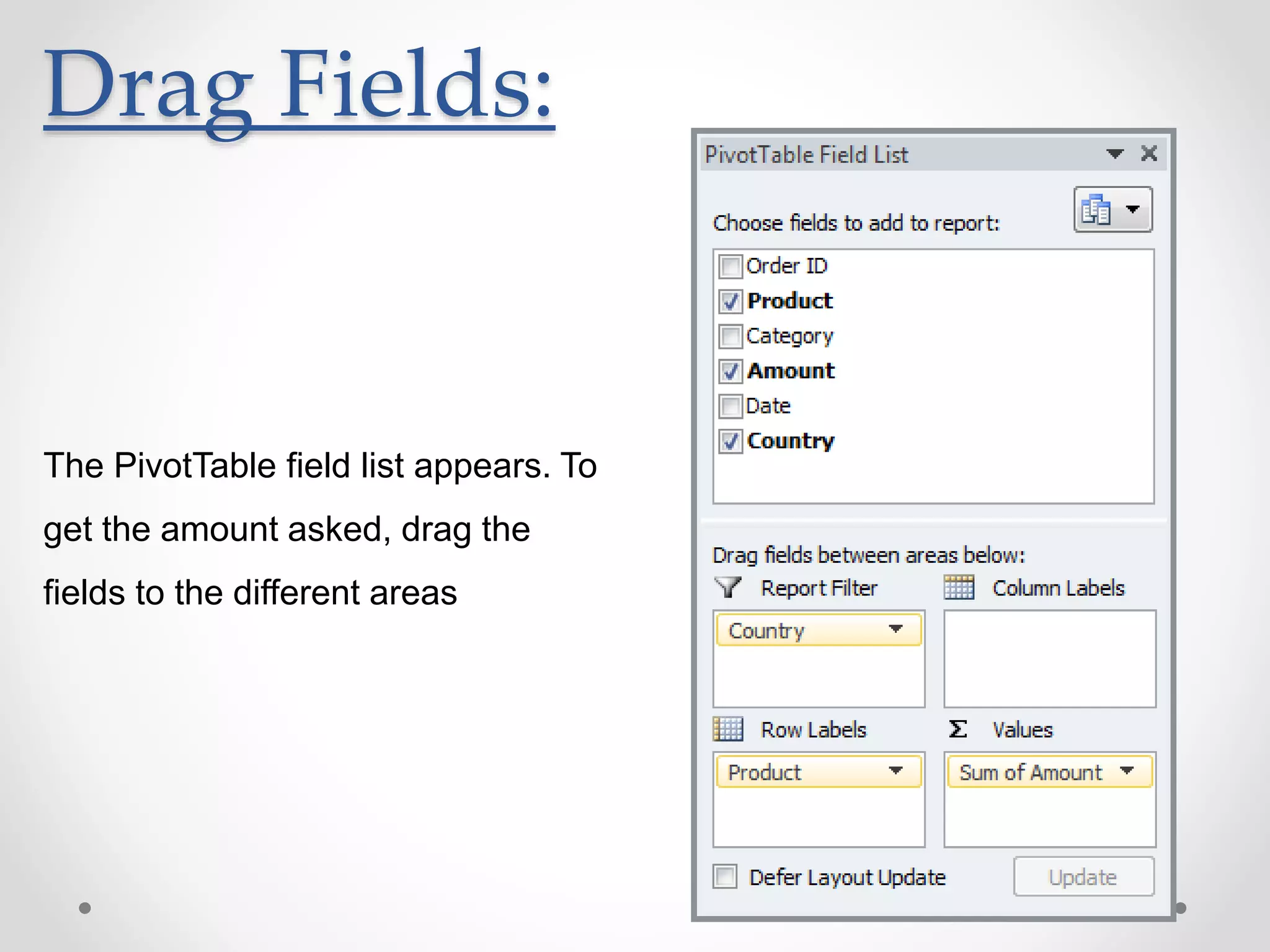 Drag Fields:
The PivotTable field list appears. To
get the amount asked, drag the
fields to the different areas
 
