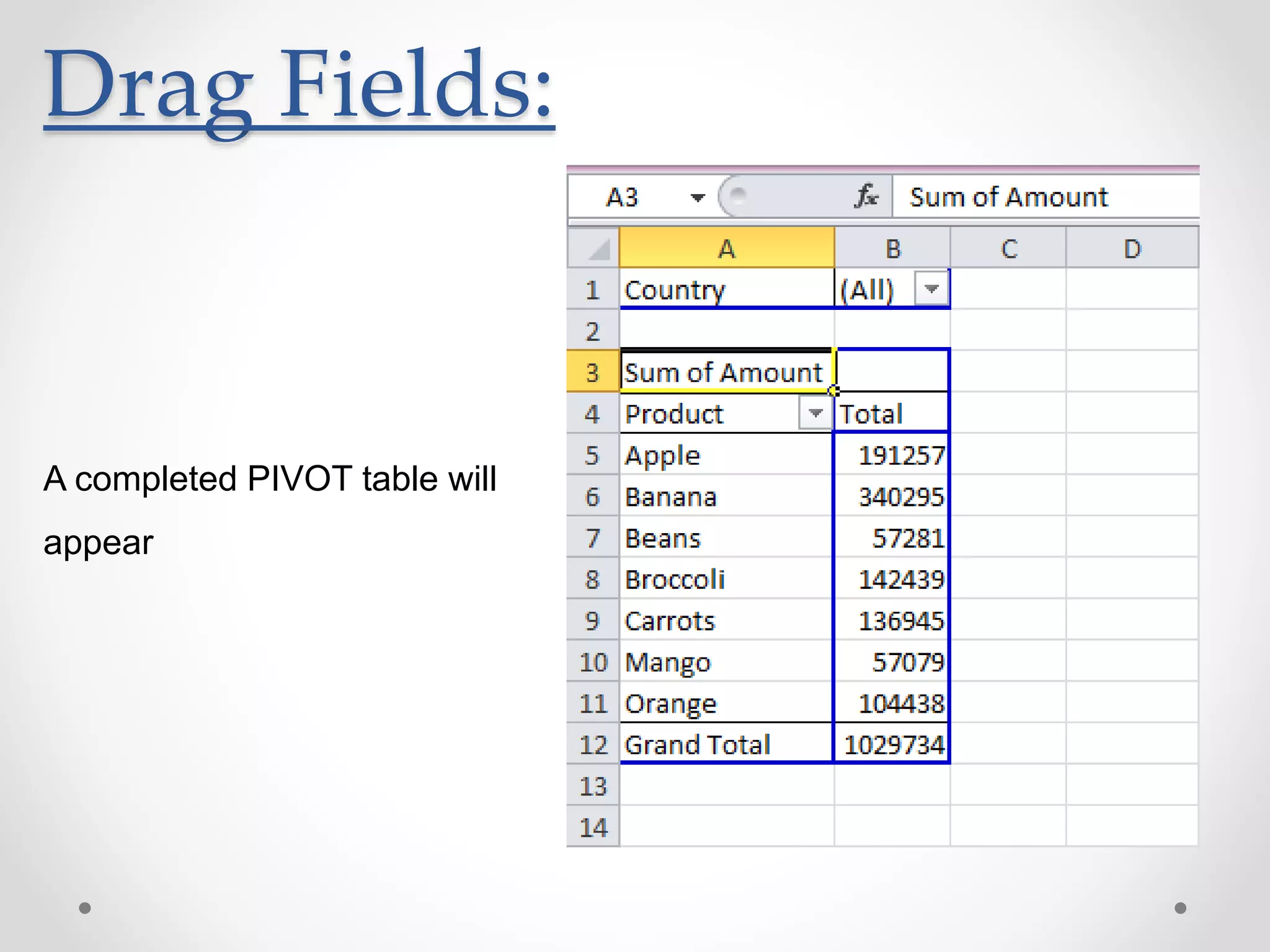 Drag Fields:
A completed PIVOT table will
appear
 