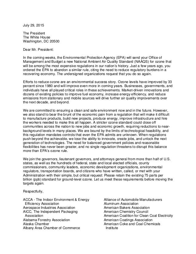 Letter to the President opposing tighter ozone standards