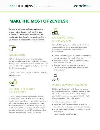 We help you connect ALL the dots
MAKE THE MOST OF ZENDESK
So you are thinking about making the
move to Zendesk or just want to use
it better. 729 will help you set up and
customize Zendesk, bring best practices
and make the most of your investment.
MIGRATIONS
729 can do a migration from almost any other
software into Zendesk. If you need to bring in data
from your old system or customer success tools and
make sure they it is mapped correctly into Zendesk
let 729 ensure success.
Typical sources include: Desk, Microsoft, Salesforce,
Help Scout, etc.
DESIGN FOR GUIDE/
HELP CENTER
729 can help you design a powerful customer
support center. With effective communication,
quality branding and user segmentation, you can
give your customers what they need in an easy
to understand layout. Collect data on your most
used articles and make sure your customers get
the information they need. 729 specializes in clean,
modern designed help centers for Zendesk.
EFFICIENCY AND
OPTIMIZATION
729 will identify any areas where you can increase
organization or automation. We will teach your
managers to use Zendesk for your specific
business need.
•	 Create the right Triggers, Automations, or Macros
to help agents do their work efficiently.
•	 How best to assign tickets to agents or groups,
or automated responses.
•	 Suggesting ways to organize tickets and
improve the way agents interact with tickets
and customers.
WORKFLOW IMPROVEMENT
Efficient workflows begin with the agent. Making
sure they have what they need in one place to take
care of the customer is mission critical. Improve
your customer and agents’ experience with simple
effective workflows that make sense.
•	 Improve agent response time.
•	 Analyzing your current customer channels to
determine the best ways to help you communicate.
•	 Make sure tickets are routed to the right channel
and people.
•	 Handle escalations efficiently.
 
