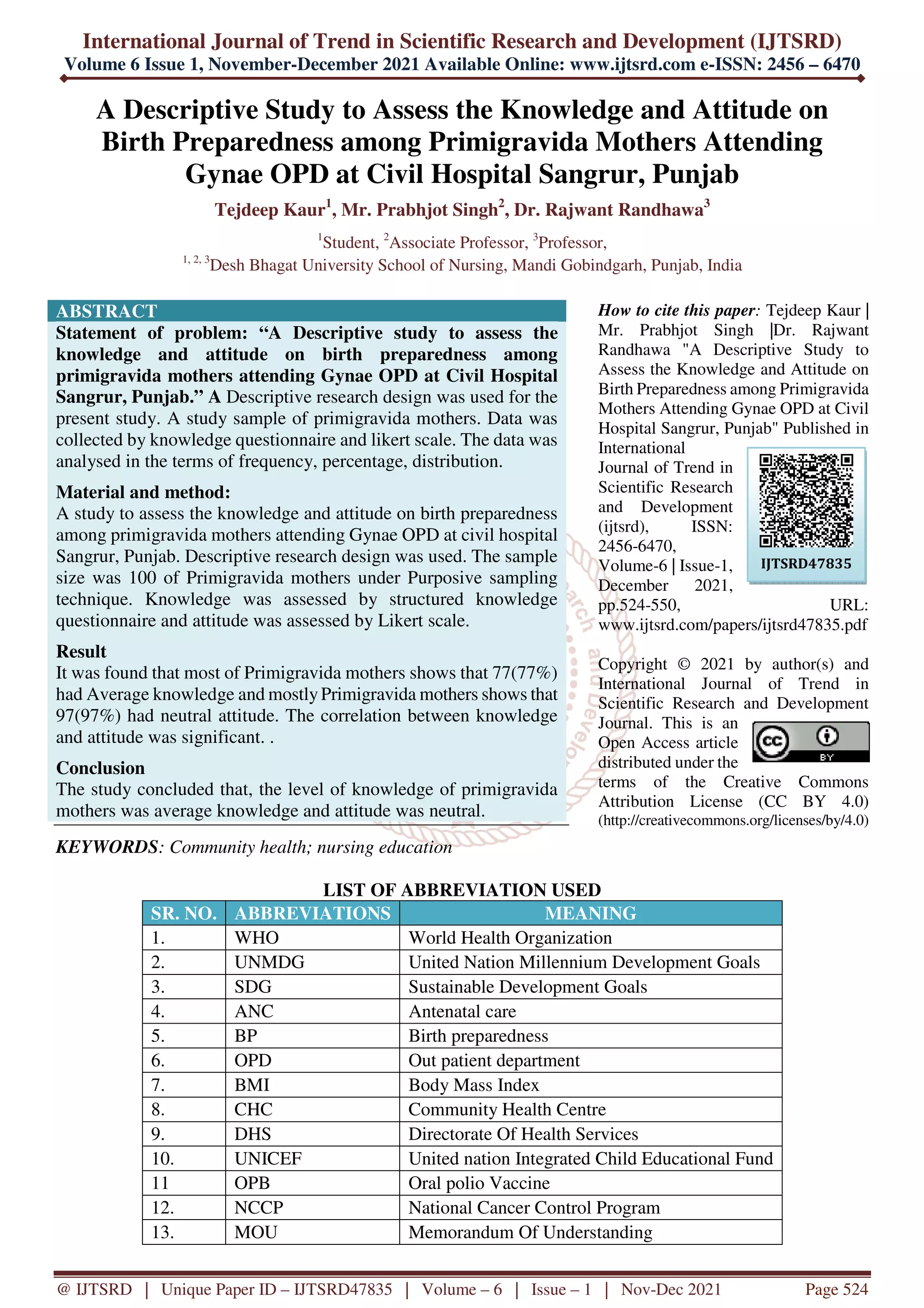 A Descriptive Study to Assess the Knowledge and Attitude on Birth ...