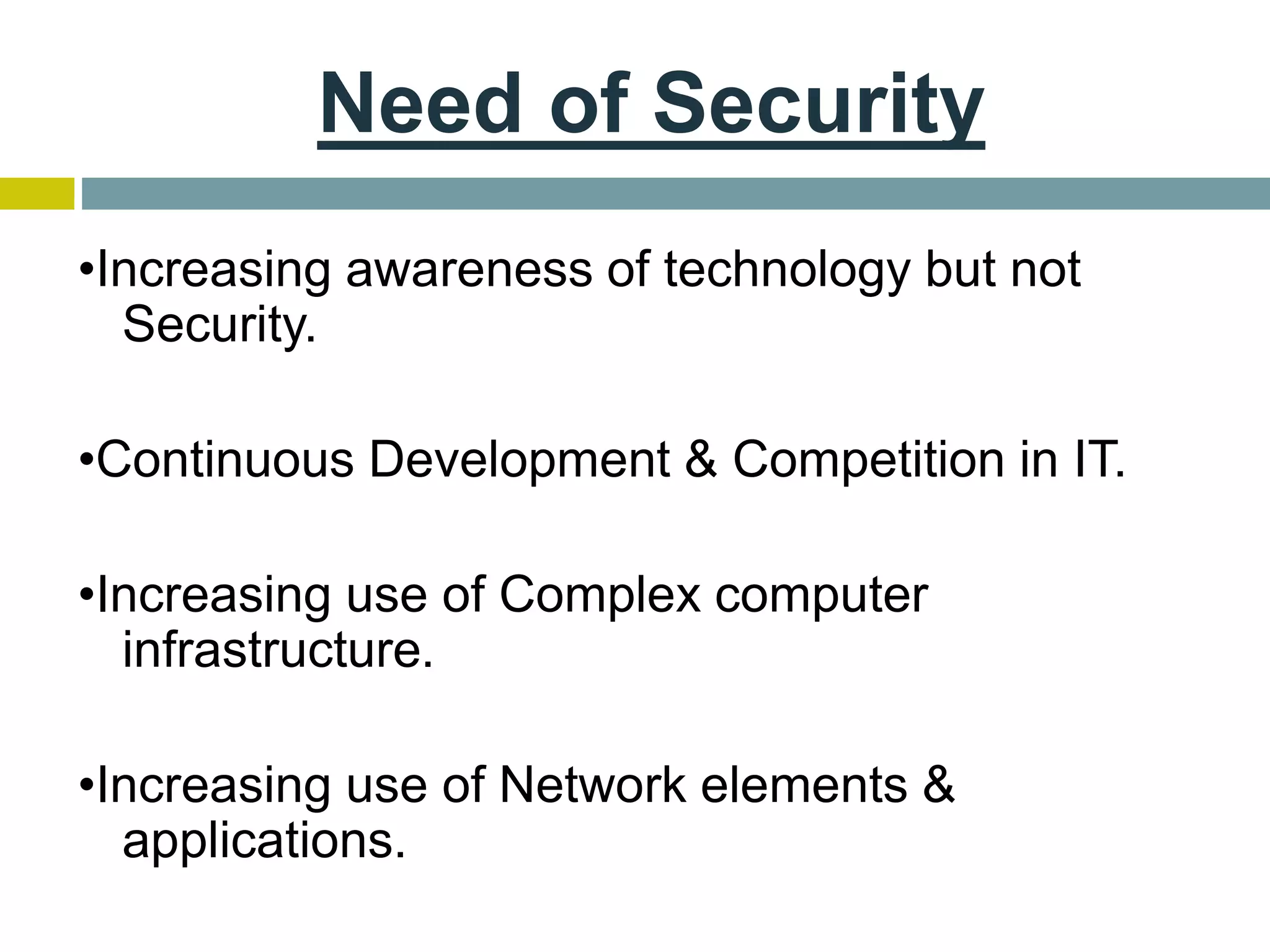 Need of Security
•Increasing awareness of technology but not
Security.
•Continuous Development & Competition in IT.
•Increasing use of Complex computer
infrastructure.
•Increasing use of Network elements &
applications.
 