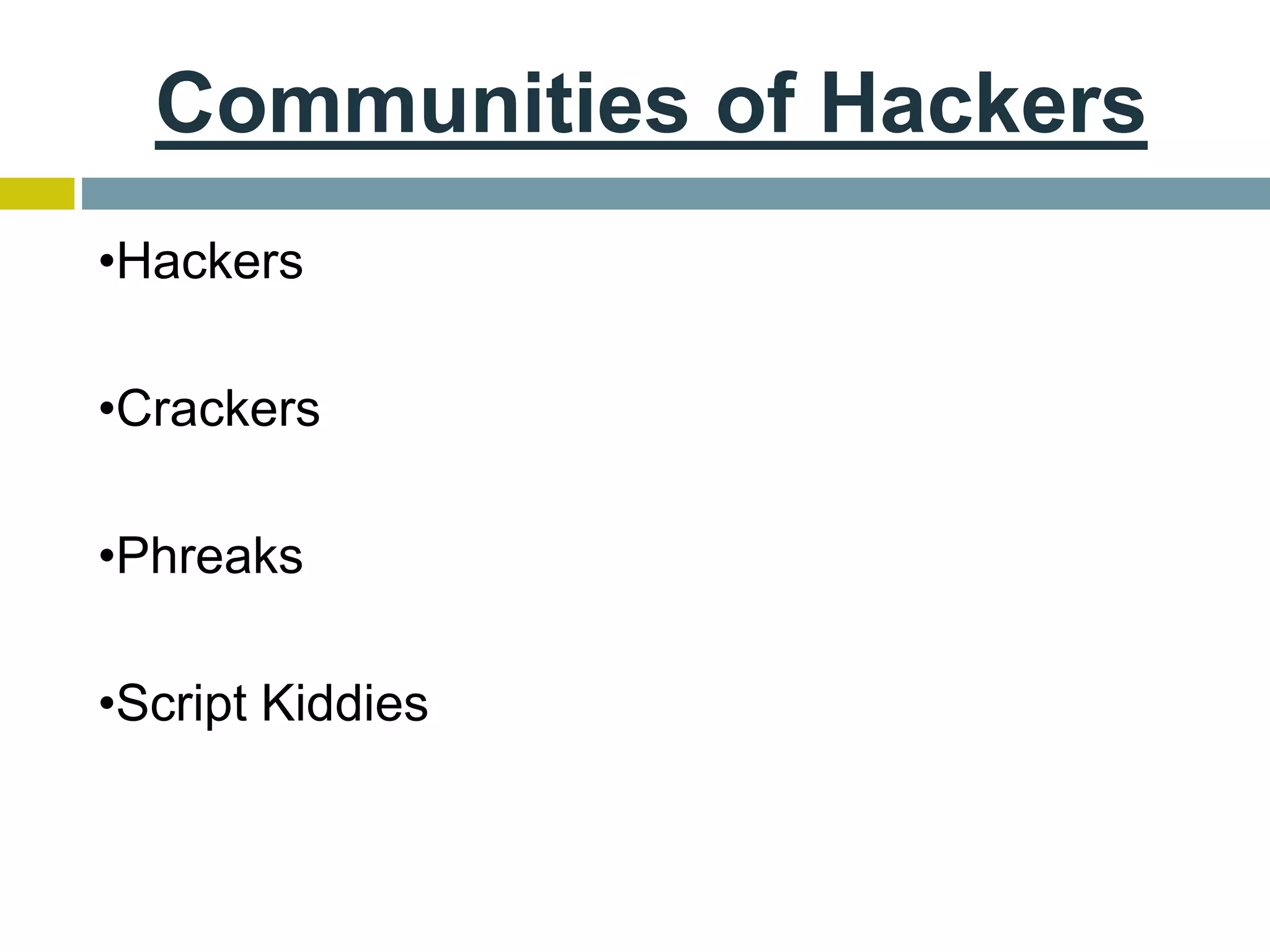 Communities of Hackers
•Hackers
•Crackers
•Phreaks
•Script Kiddies
 