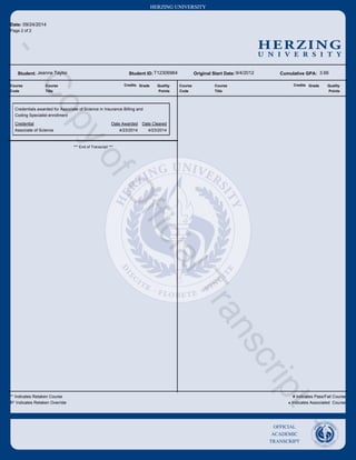 HERZING UNIVERSITY
OFFICIAL
ACADEMIC
TRANSCRIPT
HERZING
U N I V E R S I T Y
Date: 09/24/2014
Page 2 of 2
Original Start Date: Cumulative GPA: 3.669/4/2012Student: Jeanne Taylor T12306964Student ID:
Course
Code
Course
Title
Grade Quality
Points
Course
Code
Course
Title
Grade Quality
Points
Credits Credits
Credentials awarded for Associate of Science in Insurance Billing and
Coding Specialist enrollment
Credential Date Awarded Date Cleared
Associate of Science 4/23/20144/23/2014
*** End of Transcript ***
** Indicates Retaken Course
R* Indicates Retaken Override
# Indicates Pass/Fail Course
¨ Indicates Associated Course
-
CopyofOfficialTranscript
-
 