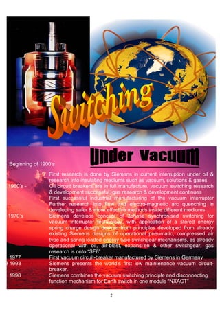 Beginning of 1900’s
First research is done by Siemens in current interruption under oil &
research into insulating mediums such as vacuum, solutions & gases
1960’s - Oil circuit breakers are in full manufacture, vacuum switching research
& development successful, gas research & development continues
First successful industrial manufacturing of the vacuum interrupter
Further research into flow and electro-magnetic arc quenching in
developing safer & more effective methods inside different mediums
1970’s Siemens develops concept of 3phase synchronised switching for
vacuum interrupter technology, with application of a stored energy
spring charge design derived from principles developed from already
existing Siemens designs of operational pneumatic, compressed air
type and spring loaded energy type switchgear mechanisms, as already
operational with oil, air-blast, expansi’en & other switchgear, gas
research is onto “SF6”
1977 First vacuum circuit-breaker manufactured by Siemens in Germany
9 1993 Siemens presents the world’s first low maintenance vacuum circuit-
breaker.
1998 Siemens combines the vacuum switching principle and disconnecting
function mechanism for Earth switch in one module “NXACT”
2
 