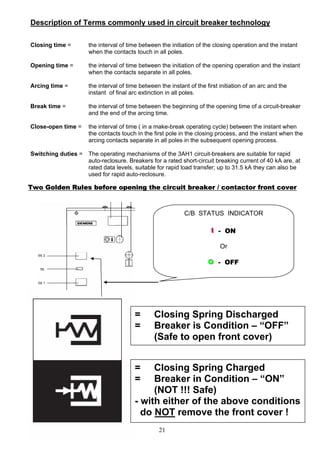 Description of Terms commonly used in circuit breaker technology
Closing time = the interval of time between the initiation of the closing operation and the instant
when the contacts touch in all poles.
Opening time = the interval of time between the initiation of the opening operation and the instant
when the contacts separate in all poles.
Arcing time = the interval of time between the instant of the first initiation of an arc and the
instant of final arc extinction in all poles.
Break time = the interval of time between the beginning of the opening time of a circuit-breaker
and the end of the arcing time.
Close-open time = the interval of time ( in a make-break operating cycle) between the instant when
the contacts touch in the first pole in the closing process, and the instant when the
arcing contacts separate in all poles in the subsequent opening process.
Switching duties = The operating mechanisms of the 3AH1 circuit-breakers are suitable for rapid
auto-reclosure. Breakers for a rated short-circuit breaking current of 40 kA are, at
rated data levels, suitable for rapid load transfer; up to 31.5 kA they can also be
used for rapid auto-reclosure.
Two Golden Rules before opening the circuit breaker / contactor front cover
21
C/B STATUS INDICATOR
ΙΙΙ - ON
Or
ΟΟΟ - OFF
= Closing Spring Discharged
= Breaker is Condition – “OFF”
(Safe to open front cover)
= Closing Spring Charged
= Breaker in Condition – “ON”
(NOT !!! Safe)
- with either of the above conditions
do NOT remove the front cover !
 