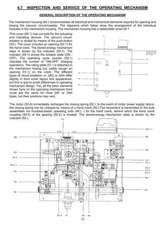 4.7 INSPECTION AND SERVICE OF THE OPERATING MECHANISM
GENERAL DESCRIPTION OF THE OPERATING MECHANISM
The mechanism housing (60.) accommodates all electrical and mechanical elements required for opening and
closing the vacuum circuit-breaker. The diagrams which follow show the arrangement of the individual
modules in the mechanism housing. The mechanism housing has a detachable cover 60.1
This cover (60.1) has cut-outs for the actuating
and indicating devices. The vacuum circuit-
breaker is closed by means of the push-button
(53.). The cover includes an opening (50.1) for
the hand crank. The stored-energy mechanism
state is shown by the indicator (55.1). The
indicator (59.1) shows the breaker state (ON -
OFF). The operating cycle counter (58.1)
indicates the number of “ON-OFF” charging
operations. The rating plate (51.) is attached to
the mechanism hosing but visible trough an
opening (51.1) on the cover. The different
types of circuit breakers i.e. 3AG or 3AH differ
slightly in front cover layout and appearance,
but this is due to small differences in operating
mechanism design. Yet, all the basic elements
shown here on the operating mechanism front
cover are the same for most 3AF or 3AH
types, but their positions may vary.
32
The motor (50.4) immediately recharges the closing spring (62.) .In the event of motor power supply failure,
the closing spring can be charged by means of a hand crank (50.).The movement is transmitted to the pole
assemblies via moulded-plastic operating rods (48.). ) for the hand crank, behind which the hand crank
coupling (50.5) of the gearing (50.2) is located. The stored-energy mechanism state is shown by the
indicator (55.).
 