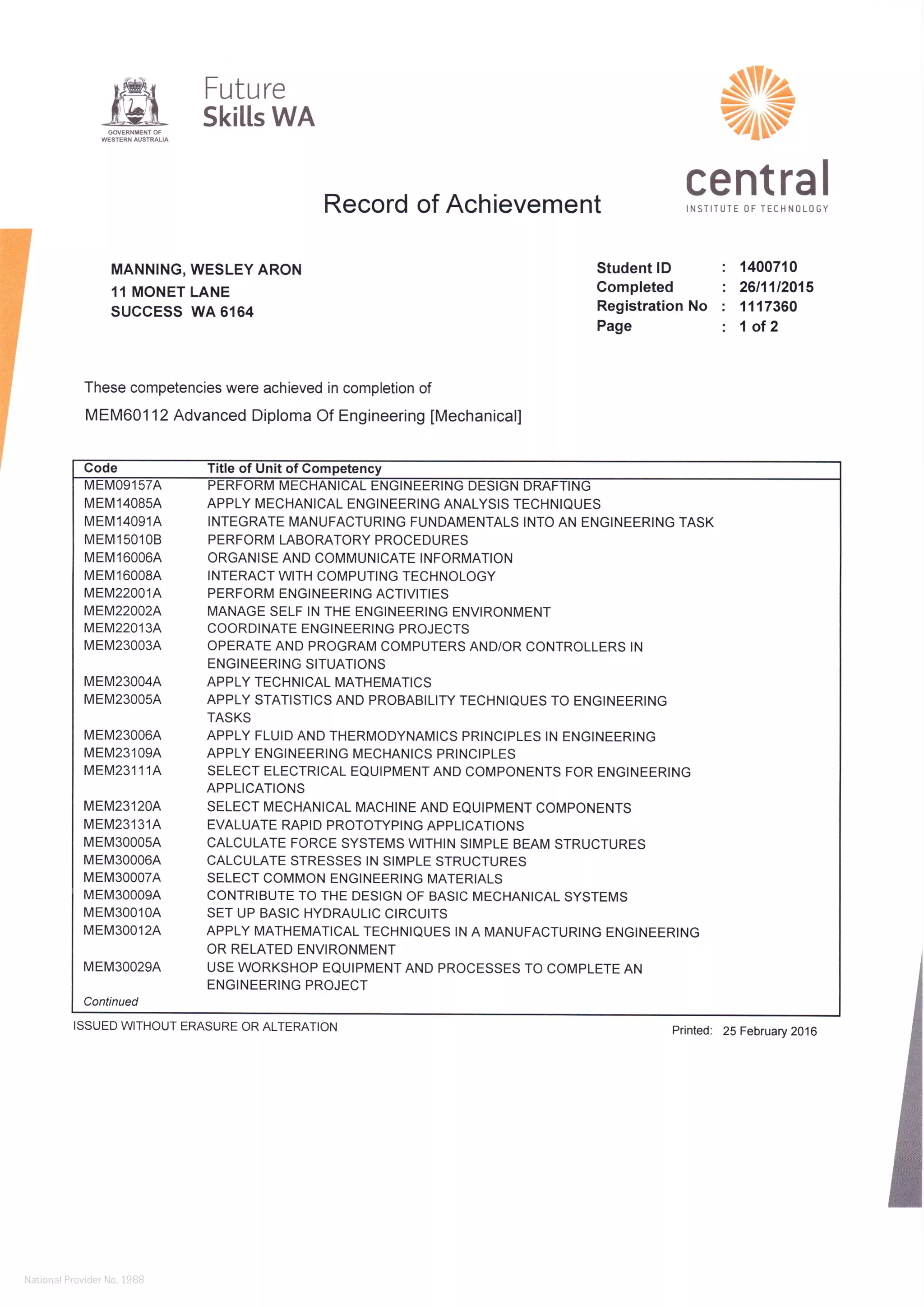 Advanced Diploma of Mechanical Engineering | PDF