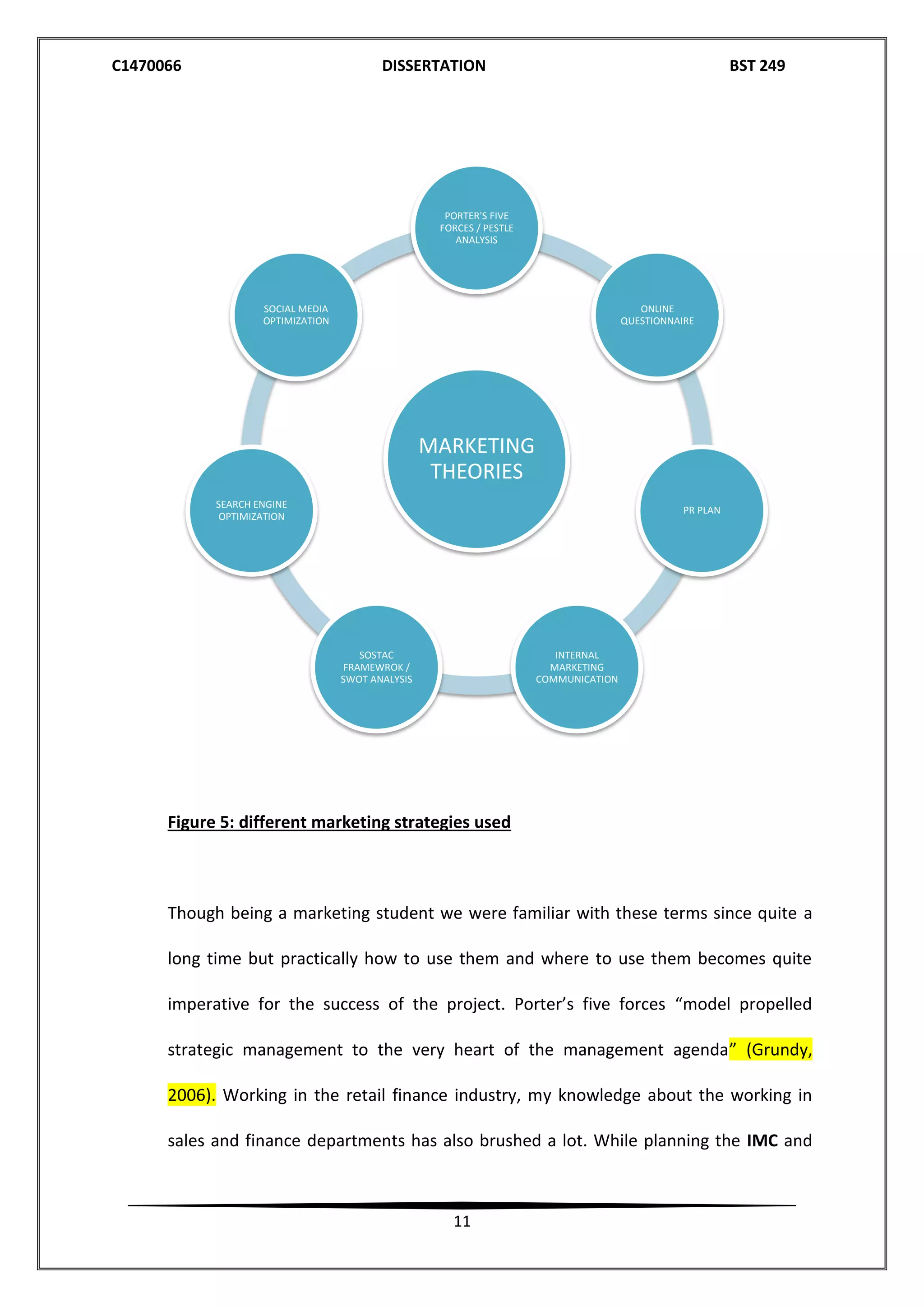 C1470066 DISSERTATION BST 249
11
Figure 5: different marketing strategies used
Though being a marketing student we were familiar with these terms since quite a
long time but practically how to use them and where to use them becomes quite
imperative for the success of the project. Porter’s five forces “model propelled
strategic management to the very heart of the management agenda” (Grundy,
2006). Working in the retail finance industry, my knowledge about the working in
sales and finance departments has also brushed a lot. While planning the IMC and
MARKETING
THEORIES
PORTER'S FIVE
FORCES / PESTLE
ANALYSIS
ONLINE
QUESTIONNAIRE
PR PLAN
INTERNAL
MARKETING
COMMUNICATION
SOSTAC
FRAMEWROK /
SWOT ANALYSIS
SEARCH ENGINE
OPTIMIZATION
SOCIAL MEDIA
OPTIMIZATION
 