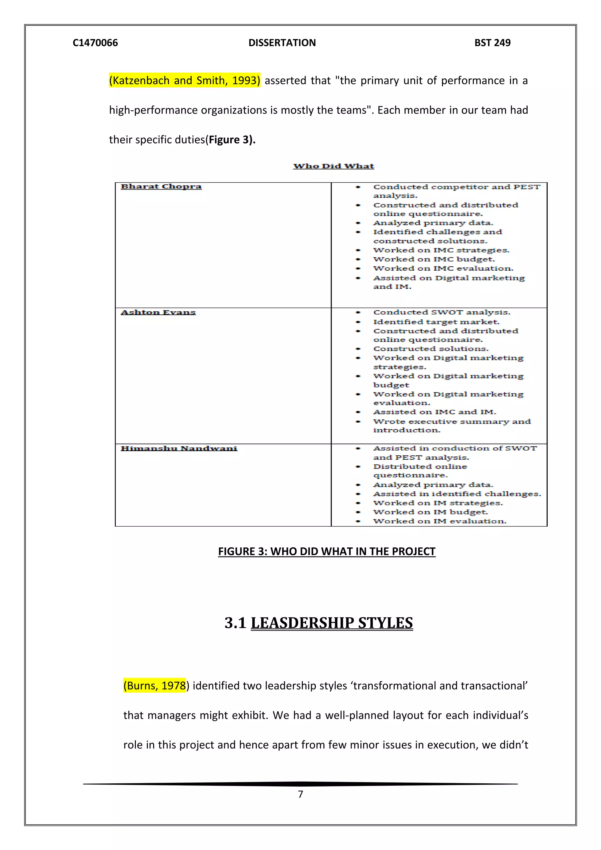 C1470066 DISSERTATION BST 249
7
(Katzenbach and Smith, 1993) asserted that "the primary unit of performance in a
high-performance organizations is mostly the teams". Each member in our team had
their specific duties(Figure 3).
FIGURE 3: WHO DID WHAT IN THE PROJECT
3.1 LEASDERSHIP STYLES
(Burns, 1978) identified two leadership styles ‘transformational and transactional’
that managers might exhibit. We had a well-planned layout for each individual’s
role in this project and hence apart from few minor issues in execution, we didn’t
 