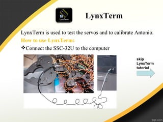 LynxTerm
LynxTerm is used to test the servos and to calibrate Antonio.
How to use LynxTerm:
Connect the SSC-32U to the computer
skip
LynxTerm
tutorial
 