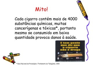 Mito!
Cada cigarro contém mais de 4000
substâncias químicas, muitas
cancerígenas e tóxicas*, portanto
mesmo se consumido em baixa
quantidade provoca danos à saúde.
* Guia Nacional de Prevenção e Tratamento do Tabagismo, 2001
 