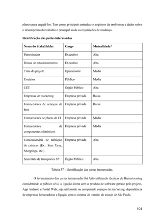 104
planos para engajá-los. Tem como principais entradas os registros de problemas e dados sobre
o desempenho do trabalho e principal saída as requisições de mudança.
Identificação das partes interessadas
Nome do StakeHolder Cargo Mutualidade*
Patrocinador Executivo Alta
Donos de estacionamentos Executivo Alta
Time do projeto Operacional Media
Usuários Público Media
CET Órgão Público Alta
Empresas de marketing Empresa privada Baixa
Fornecedores de serviços de
host
Empresa privada Baixa
Fornecedores de placas de CI Empresa privada Média
Fornecedores de
componentes eletrônicos
Empresa privada Média
Concessionária de tarifação
de catracas (Ex.: Sem Parar,
Shoppings, etc.)
Empresa privada Alta
Secretária de transportes SP Órgão Público Alta
Tabela 37 - Identificação das partes interessadas.
O levantamento das partes interessadas foi feito utilizando técnicas de Brainstorming
considerando o público alvo, a ligação direta com o produto de software gerado pelo projeto,
App Android e Portal Web, seja utilizando ou comprando espaços de marketing, dependência
de empresas fornecedoras e ligação com o sistema de transito do estado de São Paulo.
 