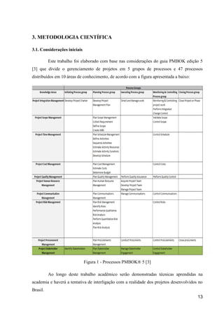 13
3. METODOLOGIA CIENTÍFICA
3.1. Considerações iniciais
Este trabalho foi elaborado com base nas considerações do guia PMBOK edição 5
[3] que divide o gerenciamento de projetos em 5 grupos de processos e 47 processos
distribuídos em 10 áreas de conhecimento, de acordo com a figura apresentada a baixo:
Figura 1 - Processos PMBOK® 5 [3]
Ao longo deste trabalho acadêmico serão demonstradas técnicas aprendidas na
academia e haverá a tentativa de interligação com a realidade dos projetos desenvolvidos no
Brasil.
 