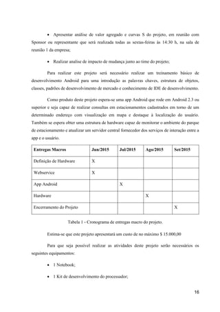 16
 Apresentar análise de valor agregado e curvas S do projeto, em reunião com
Sponsor ou representante que será realizada todas as sextas-feiras às 14:30 h, na sala de
reunião 1 da empresa;
 Realizar analise de impacto de mudança junto ao time do projeto;
Para realizar este projeto será necessário realizar um treinamento básico de
desenvolvimento Android para uma introdução as palavras chaves, estrutura de objetos,
classes, padrões de desenvolvimento de mercado e conhecimento de IDE de desenvolvimento.
Como produto deste projeto espera-se uma app Android que rode em Android 2.3 ou
superior e seja capaz de realizar consultas em estacionamentos cadastrados em torno de um
determinado endereço com visualização em mapa e destaque à localização do usuário.
Também se espera obter uma estrutura de hardware capaz de monitorar o ambiente do parque
de estacionamento e atualizar um servidor central fornecedor dos serviços de interação entre a
app e o usuário.
Entregas Macros Jun/2015 Jul/2015 Ago/2015 Set/2015
Definição de Hardware X
Webservice X
App Android X
Hardware X
Encerramento do Projeto X
Tabela 1 - Cronograma de entregas macro do projeto.
Estima-se que este projeto apresentará um custo de no máximo $ 15.000,00
Para que seja possível realizar as atividades deste projeto serão necessários os
seguintes equipamentos:
 1 Notebook;
 1 Kit de desenvolvimento do processador;
 