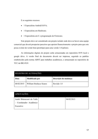 17
E os seguintes recursos:
 1 Especialista Andoid/JAVA;
 1 Especialista em Hardware;
 1 Especialista em C e programação de Firmware;
Este projeto deve ser considerado um projeto isolado onde deve-se haver uma equipe
comercial que deverá prospectar parceiros que apoiem financeiramente o projeto para que este
possa evoluir de versão beta (protótipo) para uma versão 1.0 (piloto).
As informações digitais do projeto serão armazenadas em repositório SVN local e
google drive. A versão final do documento deverá ser impressa, seguindo os padrões
estabelecidos pela norma ABNT para trabalhos acadêmicos, e armazenado no repositório de
TCC da IBE-FGV.
REGISTRO DE ALTERAÇÕES
Data Modificado por Descrição da mudança
06/02/2015 William Strafacce Soares Revisão 1.0
APROVAÇÕES
André Bittencourt do Valle
– Coordenador Acadêmico
Executivo
06/02/2015
 