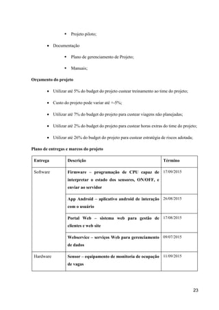 23
 Projeto piloto;
 Documentação
 Plano de gerenciamento de Projeto;
 Manuais;
Orçamento do projeto
 Utilizar até 5% do budget do projeto custear treinamento ao time do projeto;
 Custo do projeto pode variar até +-5%;
 Utilizar até 7% do budget do projeto para custear viagens não planejadas;
 Utilizar até 2% do budget do projeto para custear horas extras do time do projeto;
 Utilizar até 26% do budget do projeto para custear estratégia de riscos adotada;
Plano de entregas e marcos do projeto
Entrega Descrição Término
Software Firmware – programação de CPU capaz de
interpretar o estado dos sensores, ON/OFF, e
enviar ao servidor
17/09/2015
App Android – aplicativo android de interação
com o usuário
26/08/2015
Portal Web – sistema web para gestão de
clientes e web site
17/08/2015
Webservice – serviços Web para gerenciamento
de dados
09/07/2015
Hardware Sensor – equipamento de monitoria de ocupação
de vagas
11/09/2015
 