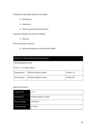 27
Predecessores principais do pacote de trabalho
 WebService;
 Aquisições;
 Plano de gerenciamento do projeto;
Sucessoras principais do pacote de trabalho
 Manuais;
Riscos associados ao pacote
 Baixa performance na atualização dos dados;
Projeto de Automatização de Estacionamentos
DICIONÁRIO DA EAP
Pacote: 1.1.2 App Android
Preparado por William Strafacce Soares Versão: 1.0
Aprovado por William Strafacce Soares 10/06/2015
Informações básicas
Código EAP 1.1.2
Responsável William Strafacce Soares
Prazo estimado 26/08/2015
Custo estimado $ 725,00
 