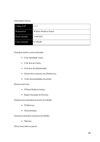29
Informações básicas
Código EAP 1.1.3
Responsável William Strafacce Soares
Prazo estimado 17/08/2015
Custo estimado $ 1420,00
Principais tarefas a serem realizadas
 Criar identidade visual;
 Criar área do cliente;
 Criar área do administrador;
 Desenvolver conexão com WebService;
 Testar funcionalidades dos portal;
Recursos previstos
 William Strafacce Soares;
 Rafael Alexandre de Oliveira;
Predecessores principais do pacote de trabalho
 WebService;
 Documentação;
Sucessoras principais do pacote de trabalho
 Manuais;
Riscos associados ao pacote
 