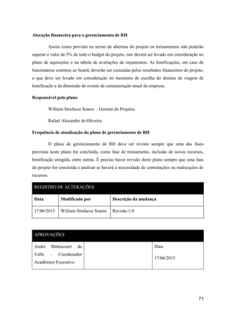 71
Alocação financeira para o gerenciamento de RH
Assim como previsto no termo de abertura do projeto os treinamentos não poderão
superar o valor de 5% de todo o budget do projeto, isto deverá ser levado em consideração no
plano de aquisições e na tabela de avaliações de orçamentos. As bonificações, em caso de
funcionários externos ao board, deverão ser custeadas pelos resultados financeiros do projeto,
o que deve ser levado em consideração no momento de escolha do destino da viagem de
bonificação e da dimensão do evento de comemoração anual da empresa.
Responsável pelo plano
William Strafacce Soares – Gerente de Projetos.
Rafael Alexandre de Oliveira.
Frequência de atualização do plano de gerenciamento de RH
O plano de gerenciamento de RH deve ser revisto sempre que uma das fases
previstas neste plano for concluída, como fase de treinamento, inclusão de novos recursos,
bonificação atingida, entre outras. É preciso haver revisão deste plano sempre que uma fase
do projeto for concluída e analisar se haverá a necessidade de contratações ou realocações de
recursos.
REGISTRO DE ALTERAÇÕES
Data Modificado por Descrição da mudança
17/06/2015 William Strafacce Soares Revisão 1.0
APROVAÇÕES
André Bittencourt do
Valle – Coordenador
Acadêmico Executivo
Data
17/06/2015
 