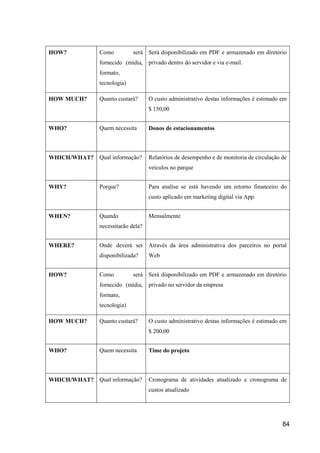 84
HOW? Como será
fornecido (mídia,
formato,
tecnologia)
Será disponibilizado em PDF e armazenado em diretório
privado dentro do servidor e via e-mail.
HOW MUCH? Quanto custará? O custo administrativo destas informações é estimado em
$ 150,00
WHO? Quem necessita Donos de estacionamentos
WHICH/WHAT? Qual informação? Relatórios de desempenho e de monitoria de circulação de
veículos no parque
WHY? Porque? Para analise se está havendo um retorno financeiro do
custo aplicado em marketing digital via App.
WHEN? Quando
necessitarão dela?
Mensalmente
WHERE? Onde deverá ser
disponibilizada?
Através da área administrativa dos parceiros no portal
Web
HOW? Como será
fornecido (mídia,
formato,
tecnologia)
Será disponibilizado em PDF e armazenado em diretório
privado no servidor da empresa
HOW MUCH? Quanto custará? O custo administrativo destas informações é estimado em
$ 200,00
WHO? Quem necessita Time do projeto
WHICH/WHAT? Qual informação? Cronograma de atividades atualizado e cronograma de
custos atualizado
 