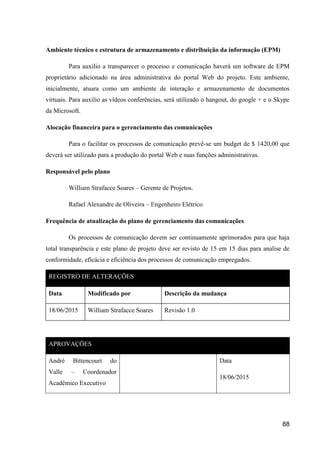 88
Ambiente técnico e estrutura de armazenamento e distribuição da informação (EPM)
Para auxilio a transparecer o processo e comunicação haverá um software de EPM
proprietário adicionado na área administrativa do portal Web do projeto. Este ambiente,
inicialmente, atuara como um ambiente de interação e armazenamento de documentos
virtuais. Para auxilio as vídeos conferências, será utilizado o hangout, do google + e o Skype
da Microsoft.
Alocação financeira para o gerenciamento das comunicações
Para o facilitar os processos de comunicação prevê-se um budget de $ 1420,00 que
deverá ser utilizado para a produção do portal Web e suas funções administrativas.
Responsável pelo plano
William Strafacce Soares – Gerente de Projetos.
Rafael Alexandre de Oliveira – Engenheiro Elétrico
Frequência de atualização do plano de gerenciamento das comunicações
Os processos de comunicação devem ser continuamente aprimorados para que haja
total transparência e este plano de projeto deve ser revisto de 15 em 15 dias para analise de
conformidade, eficácia e eficiência dos processos de comunicação empregados.
REGISTRO DE ALTERAÇÕES
Data Modificado por Descrição da mudança
18/06/2015 William Strafacce Soares Revisão 1.0
APROVAÇÕES
André Bittencourt do
Valle – Coordenador
Acadêmico Executivo
Data
18/06/2015
 