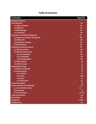 Table of Contents
Particulars Page No.
Executive Summary
1.Introduction 01
1.1.Origin of Report 01
1.2.Objective 01
1.3.Methodology 01
1.4.Limitations 02
2.Company and Market Background 03
2.1.Electronics market in Bangladesh 03
2.2.Walton HIL 04
2.3.Competitor Analysis 05
2.4.Market Share 06
3.Strategic Situational Analysis 07
3.1.Market Analysis 07
3.2.Market Segmentation 07
3.2.1.Demographic 08
3.2.2.Geographic 08
3.2.3.Psychographic 09
3.3.PEST Analysis 10
3.4.SWOT analysis 11
4.Marketing Strategy 12
4.1.Market positioning 12
4.2.Marketing Mix 12
4.2.1.Product 12
4.2.2.Price 14-15
4.2.3.Place 15
4.2.4.Promotion 15
5.Financial Analysis 16
6.Future Growth and Challenges 16
6.1.Current Market Status 16
6.2.Challenges 17
6.3.Future Growth 17- 18
7.Recommendation 18
8.Conclusion 18
9.Appendix 19-20
10.References 21
 