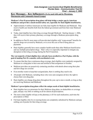 Auto-Assigned, Low Income Dual Eligible Beneficiaries
Florida State – Communication Tool Kit
Final – January 3, 2005
Page 8 of 24
Key Messages – Key Influencers (To be used with and by Physicians,
Pharmacists and Community-based Groups)
Medicare’s Part D prescription drug plans will help bridge a major gap in American
healthcare and provide a much-needed safety net, especially for dual eligible beneficiaries.
• Approximately 6 million Americans are fully dual eligible for Medicare and Medicaid. They
receive health care benefits both from the federal government and from their state Medicaid
program.
• Today, dual eligibles have their drug coverage through Medicaid. Starting January 1, 2006,
they will receive their primary pharmacy coverage through a Medicare prescription drug
plan.
• In addition to Part D, most states will provide dual eligibles with “wrap-around” benefits for
specific drugs not covered by Medicare, or to cover the cost of Part D drug plan co-
payments.
• Dual eligibles generally have more complex health needs than other Medicare beneficiaries
and use multiple prescription drugs. That’s why it is especially important to mitigate any
disruption in their drug coverage during the Part D transition.
The vast majority of dual eligibles have already been enrolled in a Part D plan, with the
goal of making Part D a smooth, well-coordinated event.
• To ensure that they have continuous drug coverage, dual eligibles were randomly assigned by
Medicare to a drug plan in their area and notified of that assignment in October.
• Medicare providers are proactively contacting enrollees with details about using their plan
and how drugs are covered.
• If an enrollee wants to keep their assigned plan, there is nothing they need to do.
• All people with Medicare, including those who were auto-assigned, do have the right to
choose their own drug plan.
• Dual eligibles can change drug plans throughout the year, up to once a month, as long as they
are receiving Medicare and Medicaid.
Medicare’s prescription drug plans reflect the unique needs of dual eligible beneficiaries.
• Dual eligibles have no premiums for their Medicare drug plans, no deductibles or coverage
gaps, and pay very little or nothing at all for almost all prescriptions.
• The most a dual eligible will pay at the pharmacy is $5 for each medication, each time the
prescription is filled.
• Full dual eligibles who live in nursing homes are completely subsidized by Medicare and pay
nothing out of pocket for their drug coverage.
 