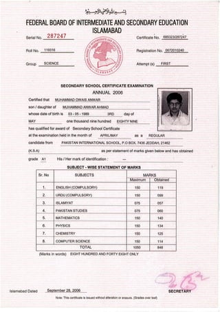 Secondary School Certificate 2006