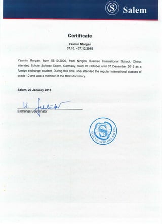 exchange certificate Yasmin Morgan