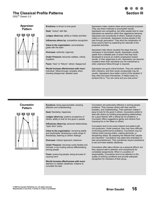 © 2003 by Inscape Publishing, Inc. All rights reserved.
Reproduction in any form, in whole or in part, is prohibited.
Brian Gaudet 16
The Classical Profile Patterns Section III
DiSC
®
Classic 2.0
Appraiser
Pattern
7
6
5
4
3
2
1
28
27
26
25
24
23
22
21
20
19
18
17
16
15
14
13
12
11
10
9
8
7
6
5
4
3
2
1
Example
D i S C
Counselor
Pattern
7
6
5
4
3
2
1
28
27
26
25
24
23
22
21
20
19
18
17
16
15
14
13
12
11
10
9
8
7
6
5
4
3
2
1
Example
D i S C
Emotions: being approachable; showing
affection and understanding
Goal: friendship; happiness
Judges others by: positive acceptance of
others; ability to look for the good in people
Influences others by: personal relationships;
"open door" policy
Value to the organization: remaining stable
and predictable; developing a wide range of
friendships; listening to others’ feelings
Overuses: indirect approach; tolerance
Under Pressure: becomes overly flexible and
intimate; is too trusting without differentiating
among people
Fears: pressuring people; being accused of
causing harm
Would increase effectiveness with more:
attention to realistic deadlines; initiative to
complete the task
Counselors are particularly effective in solving people
problems. They impress others with their warmth,
empathy, and understanding. Their optimism makes it
easy to look for the good in others. Counselors prefer to
deal with others by building long-standing relationships.
As a good listener with a willing ear for problems, a
Counselor offers suggestions gently and refrains from
imposing his or her ideas on others.
Counselors tend to be overly tolerant and patient with
non-producers. Under pressure, they may have difficulty
confronting performance problems. Counselors may be
indirect when issuing orders, making demands, or
disciplining others. By adopting the attitude that "people
are important," Counselors may place less emphasis on
task accomplishment. They sometimes require assistance
to set and meet realistic deadlines.
Counselors often take criticism as a personal affront, but
they respond well to attention and compliments for
completed assignments. When in a position of
responsibility, Counselors tend to be attentive to the
quality of working conditions and provide adequate
recognition for members of their group.
Emotions: is driven to look good
Goal: "victory" with flair
Judges others by: ability to initiate activities
Influences others by: competitive recognition
Value to the organization: accomplishes
goals with the team
Overuses: authority; ingenuity
Under Pressure: becomes restless, critical,
impatient
Fears: "loss" or "failure"; others’ disapproval
Would increase effectiveness with more:
individual follow-through; empathy when
showing disapproval; steadier pace
Appraisers make creative ideas serve practical purposes.
They use direct methods to accomplish results.
Appraisers are competitive, but other people tend to view
Appraisers as assertive rather than aggressive because
Appraisers are considerate of others. Instead of giving
orders or commands, Appraisers involve people in the
task through persuasion. They elicit the cooperation of
those around them by explaining the rationale of the
proposed activities.
Appraisers help others visualize the steps that are
necessary to accomplish results. Appraisers usually
speak from a detailed plan of action that they have
developed to ensure an orderly progression toward
results. In their eagerness to win, Appraisers can become
impatient when their standards are not maintained or
when extensive follow-through is required.
Appraisers are good critical thinkers. They are verbal in
their criticisms, and their words occasionally may be
caustic. Appraisers have better control of the situation if
they relax and pace themselves. A helpful axiom to
achieve this is, "You win some and you lose some."
 