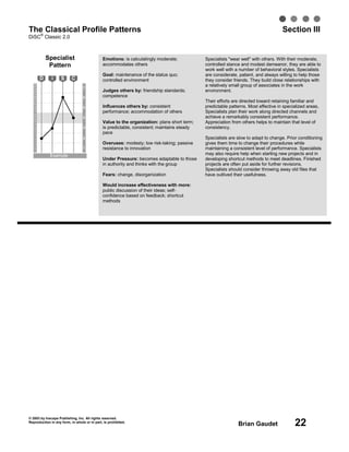 © 2003 by Inscape Publishing, Inc. All rights reserved.
Reproduction in any form, in whole or in part, is prohibited.
Brian Gaudet 22
The Classical Profile Patterns Section III
DiSC
®
Classic 2.0
Specialist
Pattern
7
6
5
4
3
2
1
28
27
26
25
24
23
22
21
20
19
18
17
16
15
14
13
12
11
10
9
8
7
6
5
4
3
2
1
Example
D i S C
Emotions: is calculatingly moderate;
accommodates others
Goal: maintenance of the status quo;
controlled environment
Judges others by: friendship standards;
competence
Influences others by: consistent
performance; accommodation of others
Value to the organization: plans short term;
is predictable, consistent; maintains steady
pace
Overuses: modesty; low risk-taking; passive
resistance to innovation
Under Pressure: becomes adaptable to those
in authority and thinks with the group
Fears: change, disorganization
Would increase effectiveness with more:
public discussion of their ideas; self-
confidence based on feedback; shortcut
methods
Specialists "wear well" with others. With their moderate,
controlled stance and modest demeanor, they are able to
work well with a number of behavioral styles. Specialists
are considerate, patient, and always willing to help those
they consider friends. They build close relationships with
a relatively small group of associates in the work
environment.
Their efforts are directed toward retaining familiar and
predictable patterns. Most effective in specialized areas,
Specialists plan their work along directed channels and
achieve a remarkably consistent performance.
Appreciation from others helps to maintain that level of
consistency.
Specialists are slow to adapt to change. Prior conditioning
gives them time to change their procedures while
maintaining a consistent level of performance. Specialists
may also require help when starting new projects and in
developing shortcut methods to meet deadlines. Finished
projects are often put aside for further revisions.
Specialists should consider throwing away old files that
have outlived their usefulness.
 