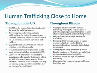 Human Trafficking Close to Home
Throughout the U.S. Throughout Illinois
 The U.S. is the second highest destination in
the world for trafficked women
 Between 14,500 and 17,500 people are
trafficked into the United States each year.
However, more than 50% of victims in the U.S.
are U.S. citizens, and most are women and
children
 325,000 children are commercially sexually
exploited in the USA annually
 $250,000 is the amount of profit that can be
made from one trafficked woman in the U.S.
 Online sex ads and forums constitute the
number one platform for buying and selling
sex with minors and young women. Those
advertised “are often made to appear that they
are working independently, when in fact they
are victims of sex trafficking”
 Chicago is a national hub for human
trafficking. Among the Midwest ports of
entry, Chicago experiences the highest volume
of arriving immigrants and trafficking victims.
 O’Hare airport is a strategic location for
trafficking
 In metropolitan Chicago, 16,000 to 25,000
women and girls are involved in the
commercial sex trade annually. 1/3 trafficked
are under 15
 Average age for entry is between 15 and 18
 Popular locations in Illinois for sex trafficking
are massage parlors and strip clubs
 Rantoul is known for high risk of labor
trafficking
 Champaign had 2 cases of human trafficking
in the last year
 