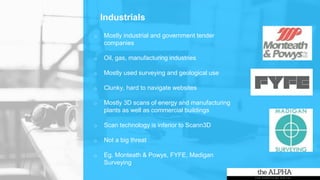 Industrials
o Mostly industrial and government tender
companies
o Oil, gas, manufacturing industries
o Mostly used surveying and geological use
o Clunky, hard to navigate websites
o Mostly 3D scans of energy and manufacturing
plants as well as commercial buildings
o Scan technology is inferior to Scann3D
o Not a big threat
o Eg. Monteath & Powys, FYFE, Madigan
Surveying
 
