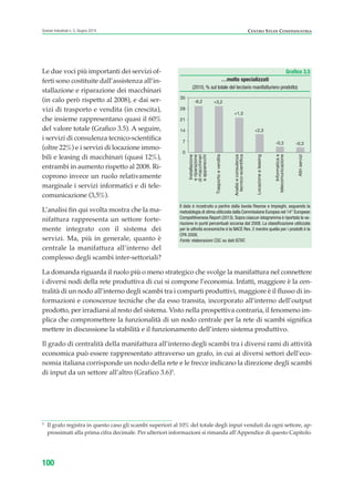 5
Il grafo registra in questo caso gli scambi superiori al 10% del totale degli input venduti da ogni settore, ap-
prossimati alla prima cifra decimale. Per ulteriori informazioni si rimanda all’Appendice di questo Capitolo.
CENTRO STUDI CONFINDUSTRIAScenari industriali n. 5, Giugno 2014
100
Le due voci più importanti dei servizi of-
ferti sono costituite dall’assistenza all’in-
stallazione e riparazione dei macchinari
(in calo però rispetto al 2008), e dai ser-
vizi di trasporto e vendita (in crescita),
che insieme rappresentano quasi il 60%
del valore totale (Grafico 3.5). A seguire,
i servizi di consulenza tecnico-scientifica
(oltre 22%) e i servizi di locazione immo-
bili e leasing di macchinari (quasi 12%),
entrambi in aumento rispetto al 2008. Ri-
coprono invece un ruolo relativamente
marginale i servizi informatici e di tele-
comunicazione (3,5%).
L’analisi fin qui svolta mostra che la ma-
nifattura rappresenta un settore forte-
mente integrato con il sistema dei
servizi. Ma, più in generale, quanto è
centrale la manifattura all’interno del
complesso degli scambi inter-settoriali?
La domanda riguarda il ruolo più o meno strategico che svolge la manifattura nel connettere
i diversi nodi della rete produttiva di cui si compone l’economia. Infatti, maggiore è la cen-
tralità di un nodo all’interno degli scambi tra i comparti produttivi, maggiore è il flusso di in-
formazioni e conoscenze tecniche che da esso transita, incorporato all’interno dell’output
prodotto, per irradiarsi al resto del sistema. Visto nella prospettiva contraria, il fenomeno im-
plica che compromettere la funzionalità di un nodo centrale per la rete di scambi significa
mettere in discussione la stabilità e il funzionamento dell’intero sistema produttivo.
Il grado di centralità della manifattura all’interno degli scambi tra i diversi rami di attività
economica può essere rappresentato attraverso un grafo, in cui ai diversi settori dell’eco-
nomia italiana corrisponde un nodo della rete e le frecce indicano la direzione degli scambi
di input da un settore all’altro (Grafico 3.6)5
.
Grafico 3.5
…molto specializzati
(2010, % sul totale del terziario manifatturiero prodotto)
Il dato è ricostruito a partire dalla tavola Risorse e Impieghi, seguendo la
metodologia di stima utilizzata dalla Commissione Europea nel 14° European
Competitiveness Report (2013). Sopra ciascun istogramma è riportata la va-
riazione in punti percentuali occorsa dal 2008. La classificazione utilizzata
per le attività economiche è la NACE Rev. 2 mentre quella per i prodotti è la
CPA 2008.
Fonte: elaborazioni CSC su dati ISTAT.
0
7
14
21
28
35
Installazione
eriparazione
dimacchinari
eapparecchi
Trasportoevendita
Analisieconsulenza
tecnico-scientifica
Locazioneeleasing
Informaticae
telecomunicazione
Altriservizi
-6,2 +3,2
+1,3
+2,3
-0,3 -0,3
ScenarInd cap3 6 2014:Layout 1 27/05/14 19:18 Pagina 100
 