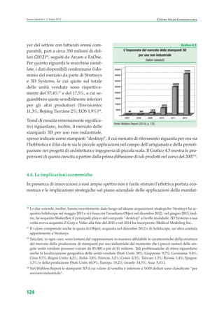 yer del settore con fatturati annui com-
parabili, pari a circa 350 milioni di dol-
lari (2012)16
, seguiti da Arcam e ExOne.
Per quanto riguarda le macchine instal-
late, i dati disponibili confermano il do-
minio del mercato da parte di Stratasys
e 3D Systems, le cui quote sul totale
delle unità vendute sono rispettiva-
mente del 57,4%17
e del 17,5%, a cui se-
guirebbero quote sensibilmente inferiori
per gli altri produttori (Envisiontec
11,3%; Bejiing Tiertime 2%; EOS 1,9%)18
.
Trend di crescita estremamente significa-
tivi riguardano, inoltre, il mercato delle
stampanti 3D per uso non industriale,
spesso indicate come stampanti “desktop”, il cui mercato di riferimento riguarda per ora sia
l’hobbistica e il fai-da-te sia le piccole applicazioni nel campo dell’artigianato e della prototi-
pazione nei progetti di architettura e ingegneria di piccola scala. Il Grafico 4.3 mostra le pro-
porzioni di questa crescita a partire dalla prima diffusione di tali prodotti nel corso del 200719
.
4.4. Le implicazioni economiche
In presenza di innovazioni a così ampio spettro non è facile stimare l’effettiva portata eco-
nomica e le implicazioni strategiche sul piano aziendale delle applicazioni della manifat-
124
Scenari industriali n. 5, Giugno 2014 CENTRO STUDI CONFINDUSTRIA
16
Le due aziende, inoltre, hanno recentemente dato luogo ad alcune acquisizioni strategiche: Stratasys ha ac-
quisito Solidscape nel maggio 2011 e si è fusa con l’israeliana Object nel dicembre 2012; nel giugno 2013, inol-
tre, ha acquisito MakerBot, il principale player del comparto “desktop” a livello mondiale. 3D Systems a sua
volta aveva acquisito Z Corp e Vidar alla fine del 2011 e nel 2014 ha incorporato Medical Modeling Inc..
17
Il valore comprende anche la quota di Object, acquisita nel dicembre 2012 e di Solidscape, un’altra azienda
appartenente a Stratasys.
18
Tali dati, in ogni caso, sono lontani dal rappresentare in maniera affidabile le caratteristiche della struttura
del mercato della produzione di stampanti per uso industriale dal momento che i prezzi unitari delle sin-
gole unità vendute possono variare da $5.000 a più di $1 milione. Tali problematiche di stima riguardano
anche la localizzazione geografica delle unità vendute (Stati Uniti: 38%; Giappone: 9,7%; Germania: 9,4%;
Cina: 8,7%; Regno Unito: 4,2%; Italia: 3,8%; Francia: 3,2%; Corea: 2,3%; Taiwan: 1,5%; Russia: 1,4%; Spagna:
1,3%) e della produzione (Stati Uniti: 60,9%; Europa: 19,2%; Israele: 14,5%; Asia: 5,4%).
19
Nel Wohlers Report le stampanti 3D il cui valore di vendita è inferiore a 5.000 dollari sono classificate “per
uso non industriale”.
Grafico 4.3
L’impennata del mercato delle stampanti 3D
per uso non industriale
(Valori assoluti)
Fonte: Wohlers Report (2013): p. 135.
ScenarInd cap4 6 2014:Layout 1 03/06/14 18:42 Pagina 124
 
