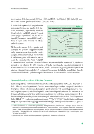 esportazioni della Germania (+0,5% da +1,6% del 2012) e dell’Italia (+0,4% da 2,1%), men-
tre si sono ridotte quelle della Francia (-0,8% da +1,9%).
Il livello delle esportazioni spagnole resta
comunque lontano da quello delle ita-
liane, francesi e, soprattutto, tedesche
(Grafico 1.3). Nel 2013, infatti, l’export
della Spagna rappresenta il 6,8% del to-
tale dell’Area euro, contro l’11,2% dell’I-
talia, il 12,7% della Francia e il 31,7%
della Germania.
Nella performance delle esportazioni
europee ha pesato l’apprezzamento
della moneta unica rispetto alle valute
dei principali concorrenti, il cui impatto
è molto maggiore sulle vendite extra-
Area che su quelle intra-Area. Nel 2013
il tasso di cambio nominale effettivo dell’euro nei confronti delle monete di 39 paesi con-
correnti si è rivalutato del 4,7% rispetto al 2012. La crescita delle esportazioni spagnole è
stata sostenuta dalla svalutazione interna, che ha permesso un guadagno di competitività
di costo (si veda il paragrafo 1.6). A partire dall’esplosione della bolla immobiliare il crollo
del mercato interno ha spinto le imprese a riorentare le vendite verso il mercato estero.
Si consolidano le eccellenze di Italia e Germania
Per la competitività contano molto le dinamiche dei tassi di cambio, dei CLUP e dei prezzi re-
lativi. Ma non meno importante è l’intero contenuto delle produzioni, compresi i servizi che
le imprese offrono alla clientela. Per cogliere questi ultimi aspetti e, quindi, per avere la valu-
tazione più completa possibile della posizione relativa dei principali attori del commercio in-
ternazionale di manufatti, viene utilizzato un indicatore che sintetizza un ampio numero di in-
formazioni riguardanti la performance dei singoli paesi a livello settoriale: il Trade Performance
Index (TPI). Il TPI è elaborato congiuntamente da WTO e UNCTAD7
. L’indice è disponibile per
184 paesi e per 14 diversi raggruppamenti settoriali (qui ne vengono considerati 128
), per cia-
19
Scenari industriali n. 5, Giugno 2014CENTRO STUDI CONFINDUSTRIA
Grafico 1.3
Export spagnolo ancora lontano da quello italiano e francese
(Dati in volume, miliardi di euro 2010)
Fonte: elaborazioni CSC su dati Eurostat.
350
450
550
650
750
850
950
1050
150
200
250
300
350
400
450
2007 2008 2009 2010 2011 2012 2013
Spagna
Francia
Italia
Germania (scala destra)
7
L’indice è costituito da 22 indicatori quantitativi della performance commerciale, i quali per ciascun paese ab-
bracciano la dimensione quantitativa delle esportazioni, la loro dinamica, il loro rapporto con i flussi di importa-
zione, il grado di diversificazione dei prodotti e dei mercati, la competitività e la specializzazione sia settoriale sia
geografica. Per una descrizione completa del TPI si veda International Trade Centre, Trade Competitiveness Map,
Technical Notes, 2007.
8
Sono escluse dall’analisi l’industria petrolifera e quella degli alimentari non lavorati.
ScenarInd CAP1 6 2014:Layout 1 03/06/14 18:40 Pagina 19
 