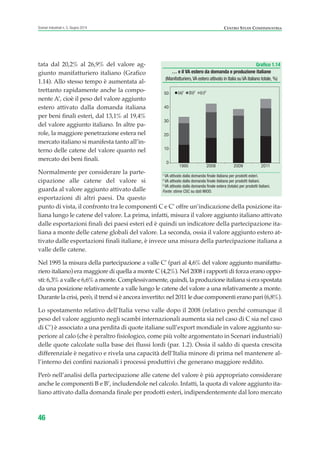 tata dal 20,2% al 26,9% del valore ag-
giunto manifatturiero italiano (Grafico
1.14). Allo stesso tempo è aumentata al-
trettanto rapidamente anche la compo-
nente A’, cioè il peso del valore aggiunto
estero attivato dalla domanda italiana
per beni finali esteri, dal 13,1% al 19,4%
del valore aggiunto italiano. In altre pa-
role, la maggiore penetrazione estera nel
mercato italiano si manifesta tanto all’in-
terno delle catene del valore quanto nel
mercato dei beni finali.
Normalmente per considerare la parte-
cipazione alle catene del valore si
guarda al valore aggiunto attivato dalle
esportazioni di altri paesi. Da questo
punto di vista, il confronto tra le componenti C e C’ offre un’indicazione della posizione ita-
liana lungo le catene del valore. La prima, infatti, misura il valore aggiunto italiano attivato
dalle esportazioni finali dei paesi esteri ed è quindi un indicatore della partecipazione ita-
liana a monte delle catene globali del valore. La seconda, ossia il valore aggiunto estero at-
tivato dalle esportazioni finali italiane, è invece una misura della partecipazione italiana a
valle delle catene.
Nel 1995 la misura della partecipazione a valle C’ (pari al 4,6% del valore aggiunto manifattu-
riero italiano) era maggiore di quella a monte C (4,2%). Nel 2008 i rapporti di forza erano oppo-
sti: 6,3% a valle e 6,6% a monte. Complessivamente, quindi, la produzione italiana si era spostata
da una posizione relativamente a valle lungo le catene del valore a una relativamente a monte.
Durante la crisi, però, il trend si è ancora invertito: nel 2011 le due componenti erano pari (6,8%).
Lo spostamento relativo dell’Italia verso valle dopo il 2008 (relativo perché comunque il
peso del valore aggiunto negli scambi internazionali aumenta sia nel caso di C sia nel caso
di C’) è associato a una perdita di quote italiane sull’export mondiale in valore aggiunto su-
periore al calo (che è peraltro fisiologico, come più volte argomentato in Scenari industriali)
delle quote calcolate sulla base dei flussi lordi (par. 1.2). Ossia il saldo di questa crescita
differenziale è negativo e rivela una capacità dell’Italia minore di prima nel mantenere al-
l’interno dei confini nazionali i processi produttivi che generano maggiore reddito.
Però nell’analisi della partecipazione alle catene del valore è più appropriato considerare
anche le componenti B e B’, includendole nel calcolo. Infatti, la quota di valore aggiunto ita-
liano attivato dalla domanda finale per prodotti esteri, indipendentemente dal loro mercato
46
Scenari industriali n. 5, Giugno 2014 CENTRO STUDI CONFINDUSTRIA
Grafico 1.14
… e il VA estero da domanda e produzione italiane
(Manifatturiero,VA estero attivato in Italia suVA italiano totale,%)
1
VA attivato dalla domanda finale italiana per prodotti esteri.
2
VA attivato dalla domanda finale italiana per prodotti italiani.
3
VA attivato dalla domanda finale estera (totale) per prodotti italiani.
Fonte: stime CSC su dati WIOD.
0
10
20
30
40
50
1995 2008 2009 2011
(c)3
(b)2
(a)1
ScenarInd CAP1 6 2014:Layout 1 03/06/14 18:40 Pagina 46
 