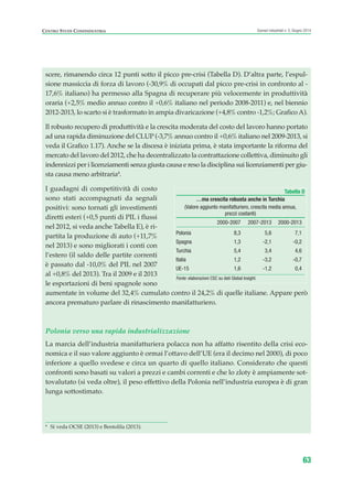 63
Scenari industriali n. 5, Giugno 2014CENTRO STUDI CONFINDUSTRIA
scere, rimanendo circa 12 punti sotto il picco pre-crisi (Tabella D). D’altra parte, l’espul-
sione massiccia di forza di lavoro (-30,9% di occupati dal picco pre-crisi in confronto al -
17,6% italiano) ha permesso alla Spagna di recuperare più velocemente in produttività
oraria (+2,5% medio annuo contro il +0,6% italiano nel periodo 2008-2011) e, nel biennio
2012-2013, lo scarto si è trasformato in ampia divaricazione (+4,8% contro -1,2%; GraficoA).
Il robusto recupero di produttività e la crescita moderata del costo del lavoro hanno portato
ad una rapida diminuzione del CLUP (-3,7% annuo contro il +0,6% italiano nel 2009-2013, si
veda il Grafico 1.17). Anche se la discesa è iniziata prima, è stata importante la riforma del
mercato del lavoro del 2012, che ha decentralizzato la contrattazione collettiva, diminuito gli
indennizzi per i licenziamenti senza giusta causa e reso la disciplina sui licenziamenti per giu-
sta causa meno arbitraria4
.
I guadagni di competitività di costo
sono stati accompagnati da segnali
positivi: sono tornati gli investimenti
diretti esteri (+0,5 punti di PIL i flussi
nel 2012, si veda anche Tabella E), è ri-
partita la produzione di auto (+11,7%
nel 2013) e sono migliorati i conti con
l’estero (il saldo delle partite correnti
è passato dal -10,0% del PIL nel 2007
al +0,8% del 2013). Tra il 2009 e il 2013
le esportazioni di beni spagnole sono
aumentate in volume del 32,4% cumulato contro il 24,2% di quelle italiane. Appare però
ancora prematuro parlare di rinascimento manifatturiero.
Polonia verso una rapida industrializzazione
La marcia dell’industria manifatturiera polacca non ha affatto risentito della crisi eco-
nomica e il suo valore aggiunto è ormai l’ottavo dell’UE (era il decimo nel 2000), di poco
inferiore a quello svedese e circa un quarto di quello italiano. Considerato che questi
confronti sono basati su valori a prezzi e cambi correnti e che lo zloty è ampiamente sot-
tovalutato (si veda oltre), il peso effettivo della Polonia nell’industria europea è di gran
lunga sottostimato.
Tabella D
…ma crescita robusta anche in Turchia
(Valore aggiunto manifatturiero, crescita media annua,
prezzi costanti)
2000-2007 2007-2013 2000-2013
Polonia 8,3 5,6 7,1
Spagna 1,3 -2,1 -0,2
Turchia 5,4 3,4 4,6
Italia 1,2 -3,2 -0,7
UE-15 1,6 -1,2 0,4
Fonte: elaborazioni CSC su dati Global Insight.
4
Si veda OCSE (2013) e Bentolila (2013).
ScenarInd CAP1 6 2014:Layout 1 03/06/14 18:41 Pagina 63
 