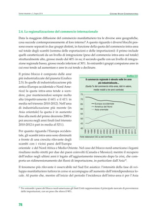 2.4. La regionalizzazione del commercio internazionale
Data la maggiore diffusione del commercio manifatturiero tra le diverse aree geografiche,
cosa succede contemporaneamente al loro interno? A questo riguardo i diversi blocchi pos-
sono essere separati in due gruppi distinti, in funzione della quota del commercio intra-area
sul totale degli scambi (somma delle esportazioni e delle importazioni): il primo include
quelli caratterizzati da un livello di integrazione (peso del commercio intra-area sul totale)
strutturalmente alto, grosso modo dal 40% in su; il secondo quelle con un livello di integra-
zione regionale basso, grosso modo inferiore al 30%. In entrambi i gruppi compaiono aree in
cui esso tende ad aumentare e aree in cui tende a declinare.
Il primo blocco è composto dalle aree
più industrializzate del pianeta (Grafico
2.5). In quelle di industrializzazione più
antica (Europa occidentale e Nord Ame-
rica) la quota intra-area tende a scen-
dere, pur mantenendosi sempre molto
alta (rispettivamente il 64% e il 41% in
media nel triennio 2010-2012). Nell’area
di industrializzazione più recente (in
Asia orientale) la quota è in aumento
fino alla metà del primo decennio 2000 e
poi ancora negli anni finali (nel triennio
2010-2012 è pari in media al 52%).
Per quanto riguarda l’Europa occiden-
tale, gli scambi intra-area sono diminuiti
a fronte di una crescita rilevante degli
scambi con i vicini paesi dell’Europa
orientale e del Nord Africa e Medio Oriente. Nel caso del blocco nord-americano i legami
risultano molto stretti per due dei paesi coinvolti (Canada e Messico); mentre il recupero
dell’indice negli ultimi anni è legato all’aggiustamento innescato dopo la crisi, che com-
porta un ridimensionamento dei flussi di importazione, in particolare dall’Asia10
.
Il fenomeno più rilevante è osservabile nel Sud Est asiatico: l’intensità della fase di svi-
luppo manifatturiero tuttora in corso si accompagna all’aumento dell’interdipendenza lo-
cale. Al punto che, mentre all’inizio del periodo l’incidenza dell’intra-area è per l’Asia
78
Scenari industriali n. 5, Giugno 2014 CENTRO STUDI CONFINDUSTRIA
Grafico 2.5
Il commercio regionale è elevato nelle tre aree
più industrializzate...
(Quota % del commercio intra-area, dati in valore,
medie mobili a tre anni centrate)
Fonte: elaborazioni CSC su dati ComTrade.
40
45
50
55
60
65
70
75
Europa occidentale
America del Nord
Asia orientale
1996
1997
1998
1999
2000
2001
2002
2003
2004
2005
2006
2007
2008
2009
2010
2011
2012
10
Per entrambi i paesi del blocco nord-americano gli Stati Uniti rappresentano il principale mercato di provenienza
delle importazioni, con un peso che sfiora il 90%.
ScenarInd cap2 6 2014:Layout 1 03/06/14 18:41 Pagina 78
 