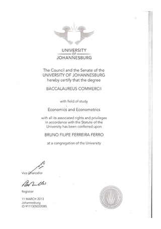UJ Bcom Economics & Econmetrics and Honours Certificate