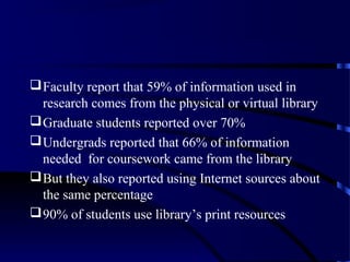  Faculty report that 59% of information used in
  research comes from the physical or virtual library
 Graduate students reported over 70%
 Undergrads reported that 66% of information
  needed for coursework came from the library
 But they also reported using Internet sources about
  the same percentage
 90% of students use library’s print resources
 