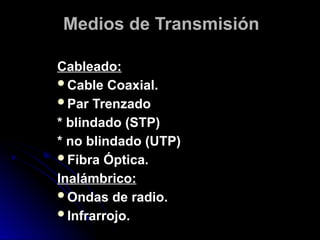 Medios de Transmisión
Cableado:
Cable Coaxial.
Par Trenzado
* blindado (STP)
* no blindado (UTP)
Fibra Óptica.
Inalámbrico:
Ondas de radio.
Infrarrojo.
 