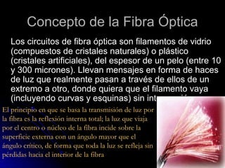 Concepto de la Fibra Óptica
Los circuitos de fibra óptica son filamentos de vidrio
(compuestos de cristales naturales) o plástico
(cristales artificiales), del espesor de un pelo (entre 10
y 300 micrones). Llevan mensajes en forma de haces
de luz que realmente pasan a través de ellos de un
extremo a otro, donde quiera que el filamento vaya
(incluyendo curvas y esquinas) sin interrupción.
El principio en que se basa la transmisión de luz por
la fibra es la reflexión interna total; la luz que viaja
por el centro o núcleo de la fibra incide sobre la
superficie externa con un ángulo mayor que el
ángulo crítico, de forma que toda la luz se refleja sin
pérdidas hacia el interior de la fibra
 