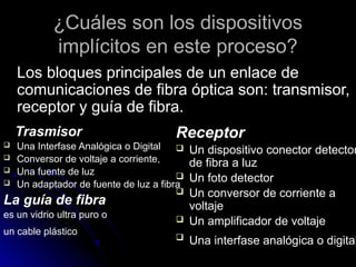 ¿Cuáles son los dispositivos
implícitos en este proceso?
Los bloques principales de un enlace de
comunicaciones de fibra óptica son: transmisor,
receptor y guía de fibra.
Trasmisor
 Una Interfase Analógica o Digital
 Conversor de voltaje a corriente,
 Una fuente de luz
 Un adaptador de fuente de luz a fibra
La guía de fibra
es un vidrio ultra puro o
un cable plástico
Receptor
 Un dispositivo conector detector
de fibra a luz
 Un foto detector
 Un conversor de corriente a
voltaje
 Un amplificador de voltaje
 Una interfase analógica o digital
 