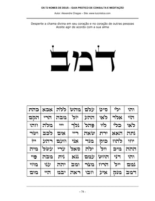 OS 72 NOMES DE DEUS – GUIA PRÁTICO DE CONSULTA E MEDITAÇÃO

               Autor: Alexandre Chagas – Site: www.luzcristica.com



Desperte a chama divina em seu coração e no coração de outras pessoas
                Aceite agir de acordo com a sua alma




           anc
zdk `k` dll ydn mlr hiq                                              ili   ede
mwd ixd dan                    lfi        rdd e`l cl`                      ifd
edg dln            iii        jlp         ldt           eel          ilk   e`l
xye akl me`                    iix       d`y zxi ``d dzp
fii    rdx mrg                ip`         cpn          wek gdl             egi
din lyr ixr l`q                            dli          lee          kin ddd
iet    dan        zip         `pp         mnr ygd                    ipc   ede
ign     epr      ddi          ane         xvn gxd                    lii   mnp
men     iid      nai d`x eag                           ri`           wpn anc


                                     - 78 -
 