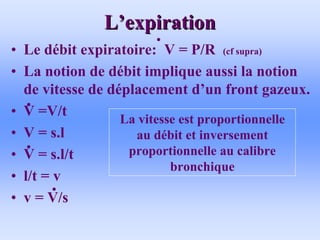 L
L’
’expiration
expiration
• Le débit expiratoire: V = P/R (cf supra)
• La notion de débit implique aussi la notion
de vitesse de déplacement d’un front gazeux.
• V =V/t
• V = s.l
• V = s.l/t
• l/t = v
• v = V/s
La vitesse est proportionnelle
au débit et inversement
proportionnelle au calibre
bronchique
 