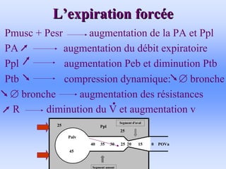 L
L’
’expiration forc
expiration forcé
ée
e
• Pmusc + Pesr augmentation de la PA et Ppl
• PA augmentation du débit expiratoire
• Ppl augmentation Peb et diminution Ptb
• Ptb compression dynamique: ∅ bronche
• ∅ bronche augmentation des résistances
• R diminution du V et augmentation v
POVa
Ppl
20
35
40
45
Palv
25
25
0
30 25
Segment amont
Segment d'aval
15
20
40 35 30 25
 